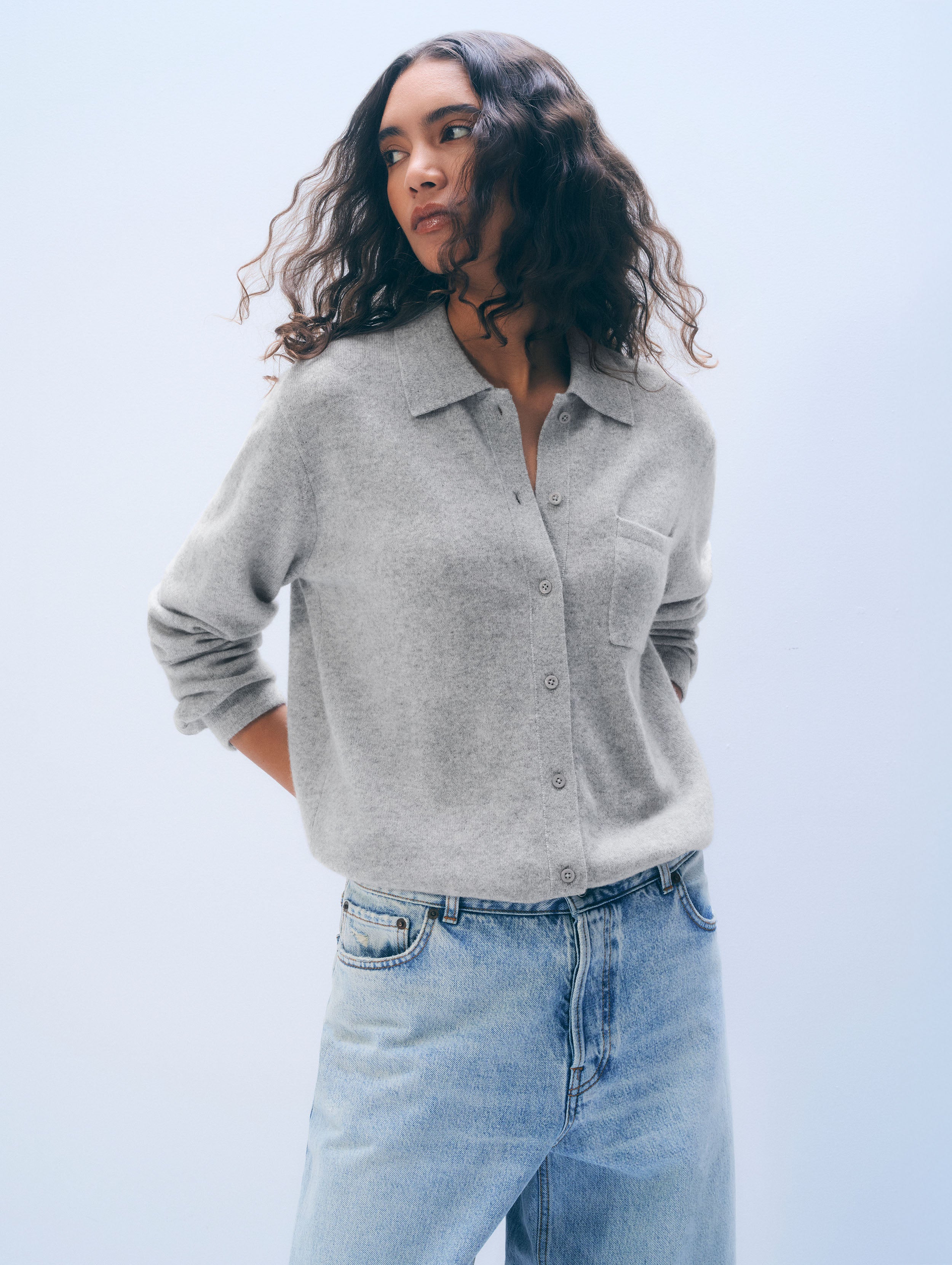 white & warren Cashmere Button Shirt | Grey Heather