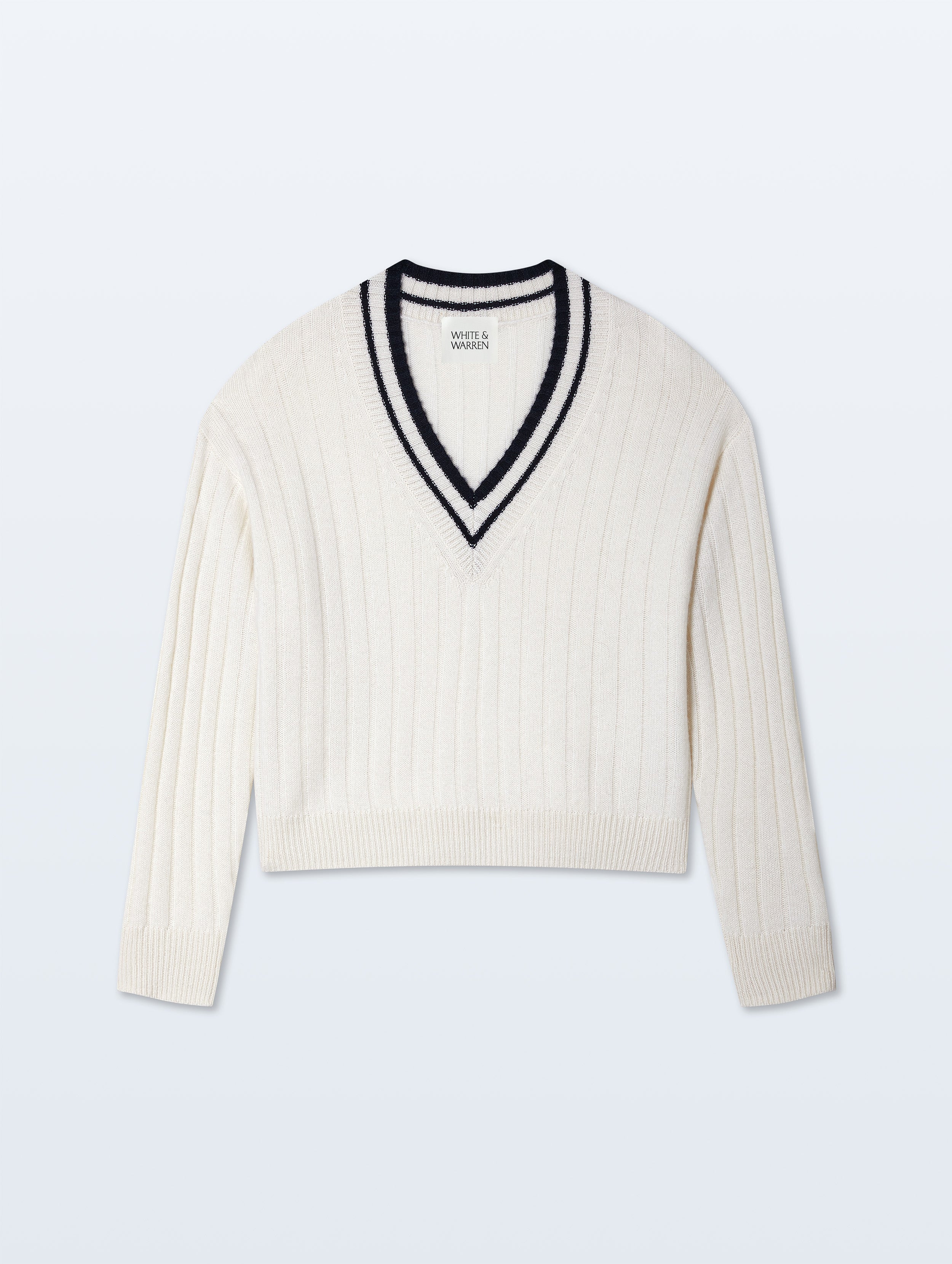 Cashmere Varsity V Neck | Soft White & Deep Navy