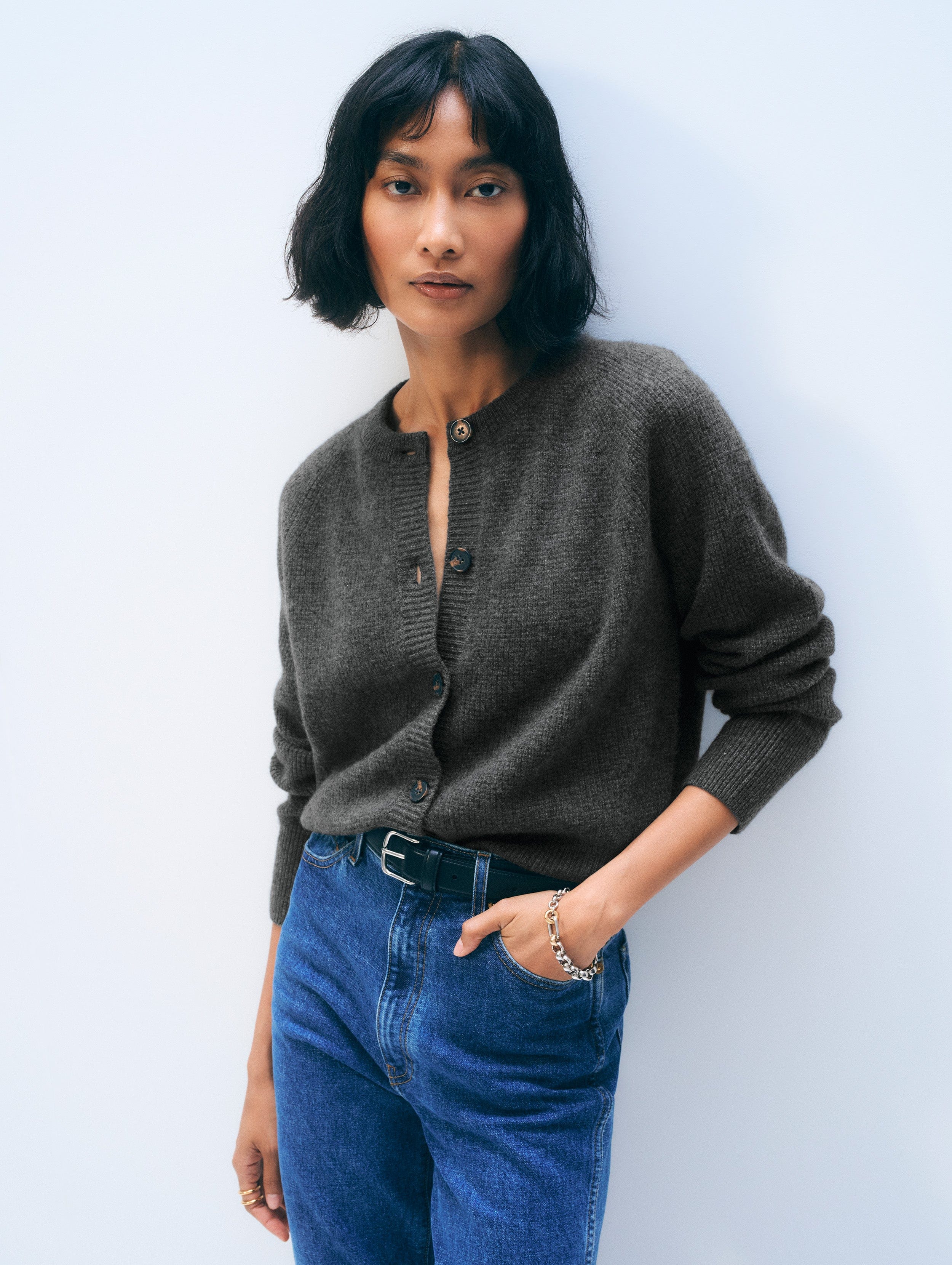 Cashmere Waffle Cardigan Dark Slate Heather