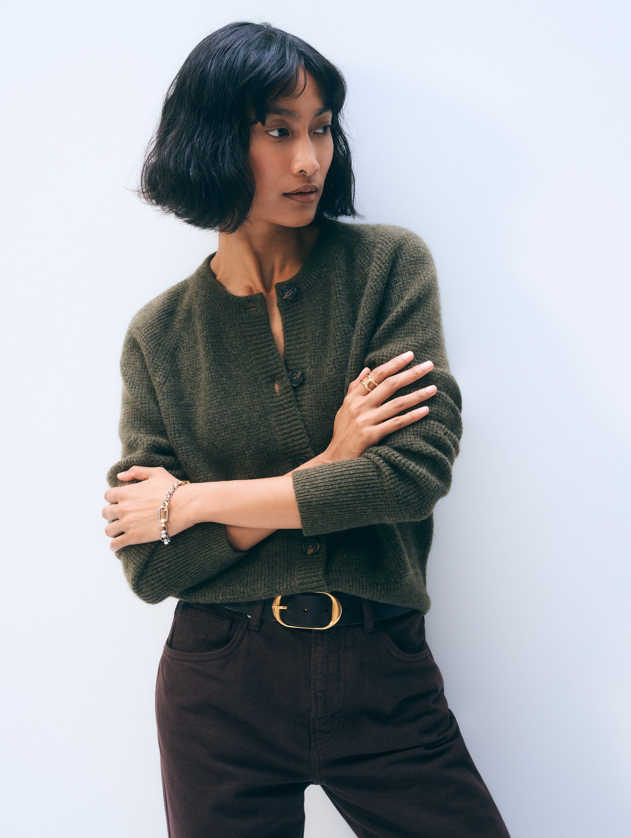 Cashmere Waffle Cardigan Thyme Heather