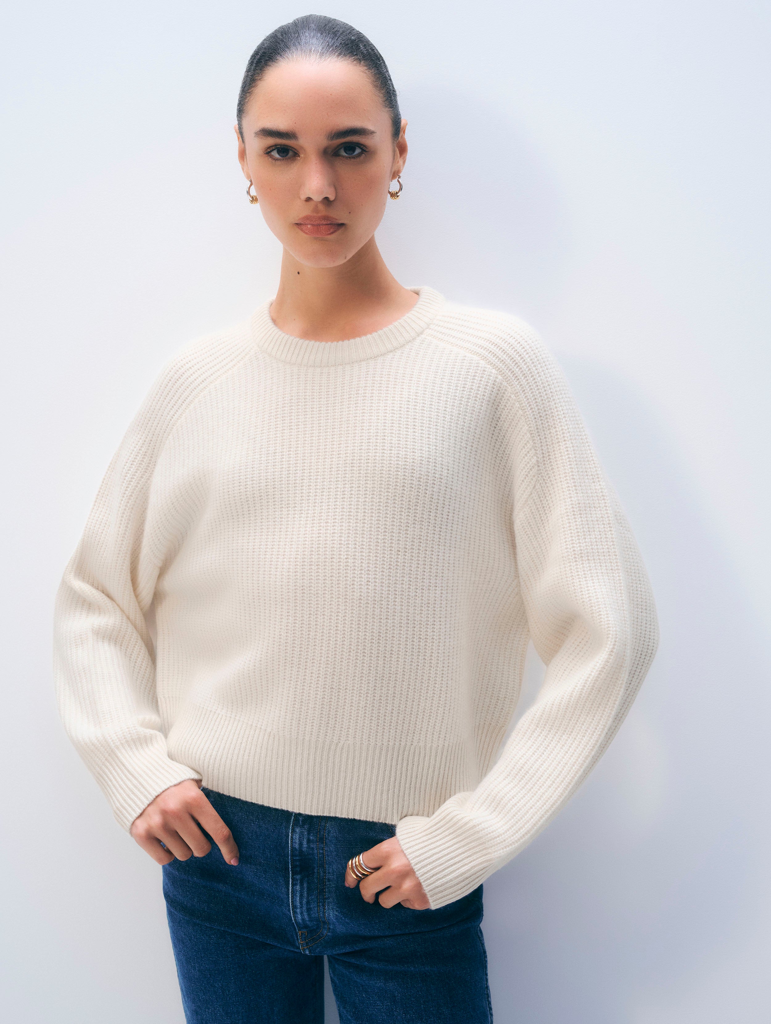Cashmere Ribbed Saddle Sleeve Crewneck | Soft White