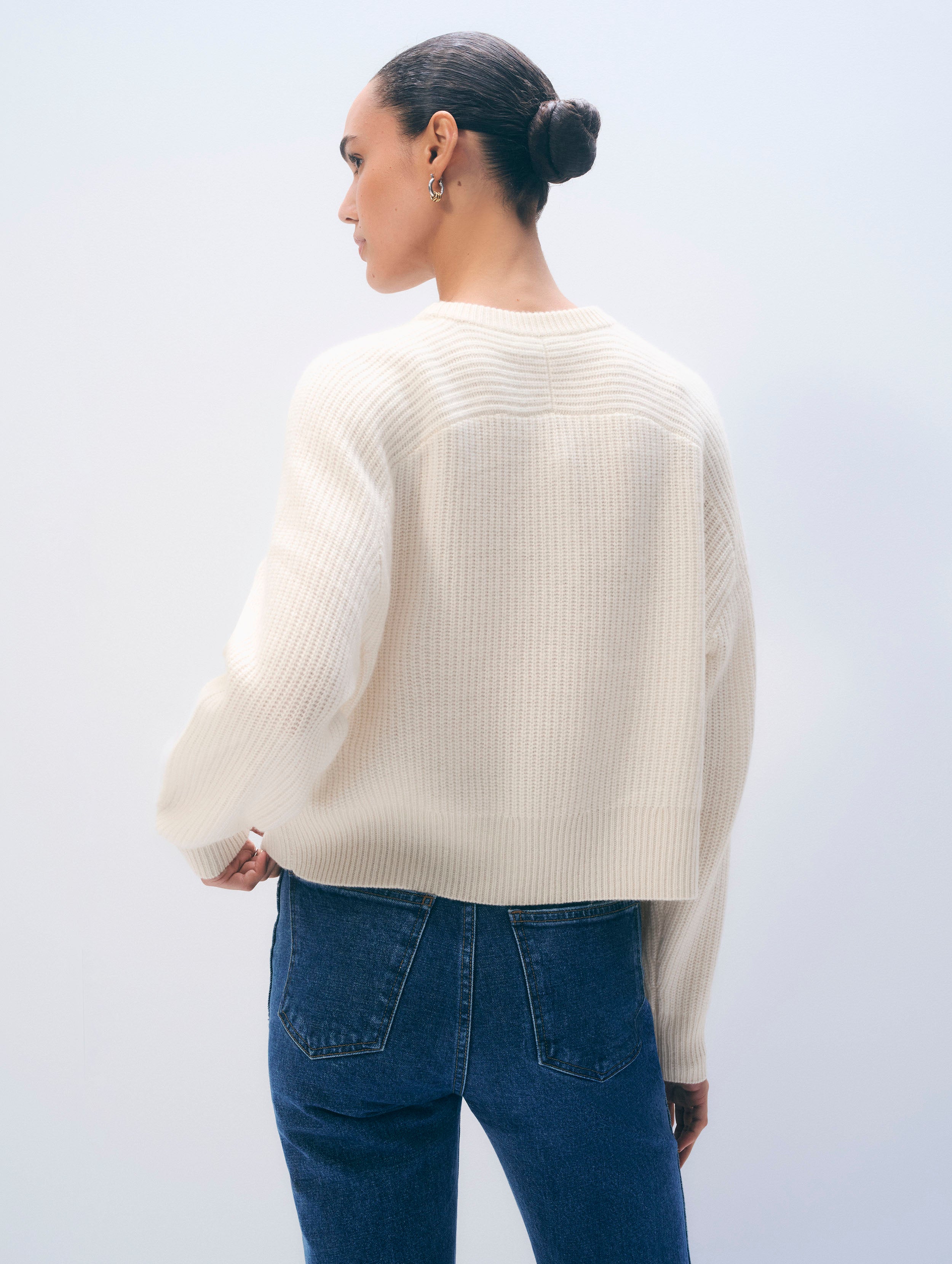 Cashmere Ribbed Saddle Sleeve Crewneck | Soft White