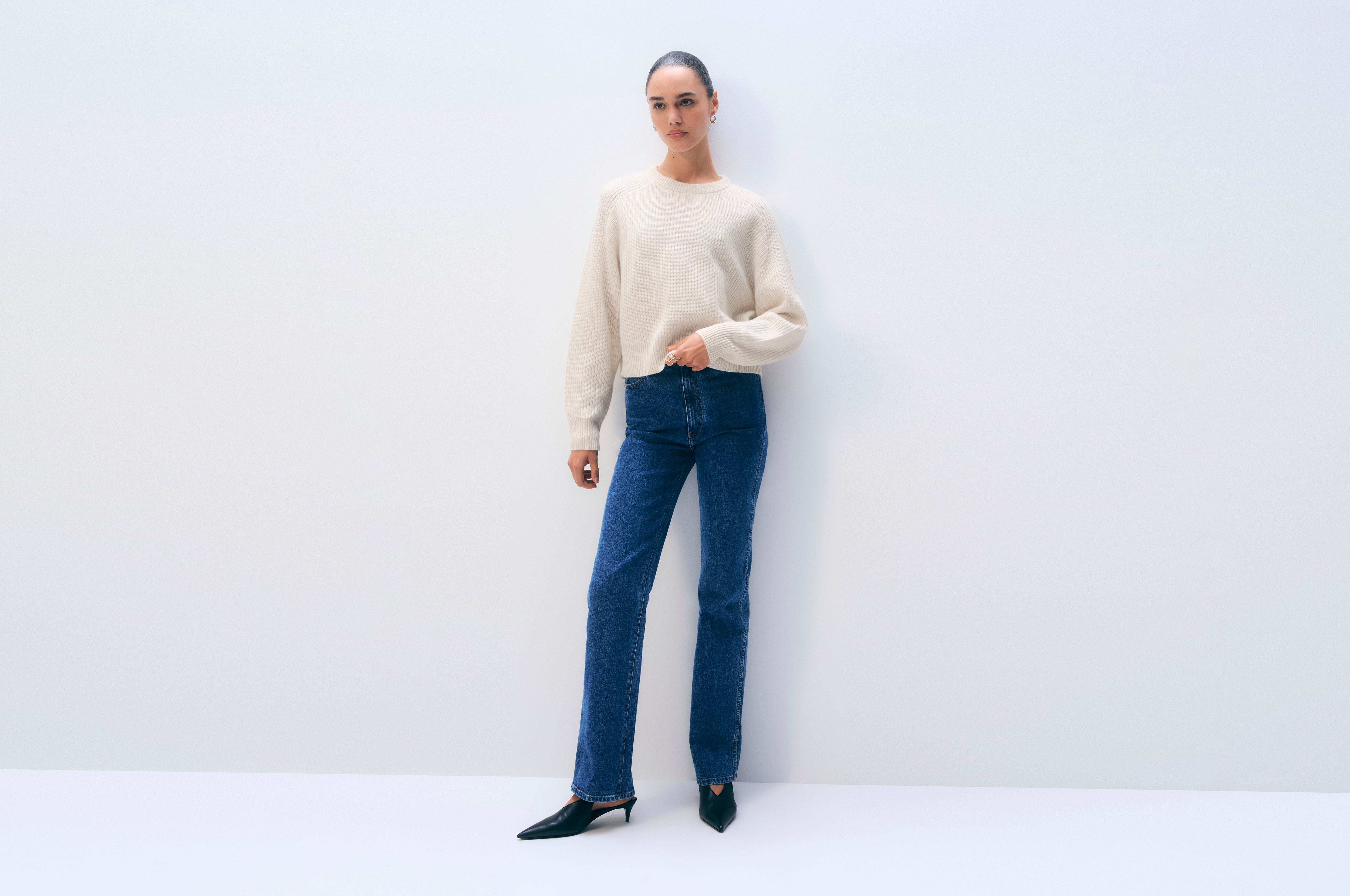 Cashmere Ribbed Saddle Sleeve Crewneck | Soft White