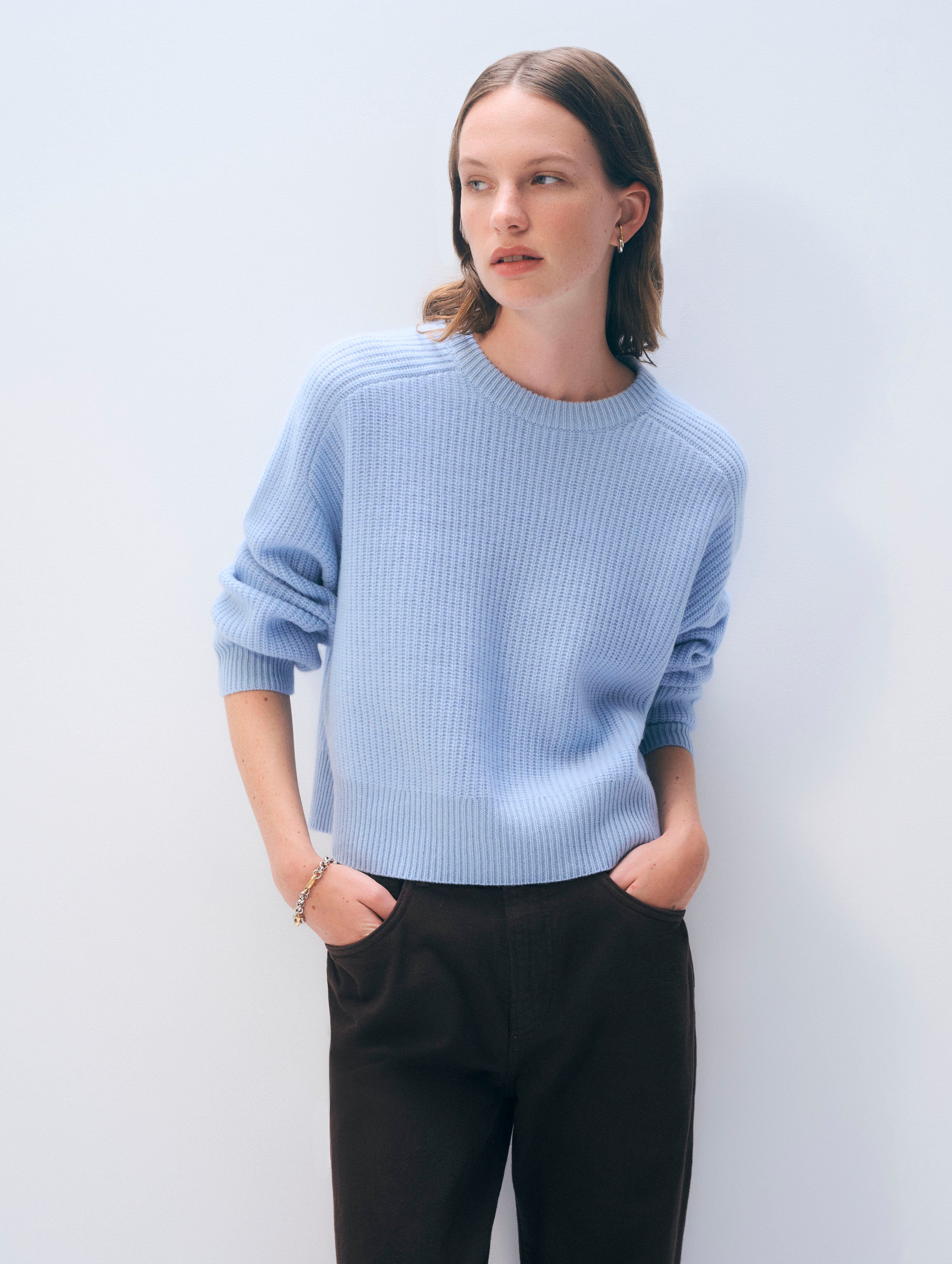 Cashmere Ribbed Saddle Sleeve Crewneck | Icy Blue