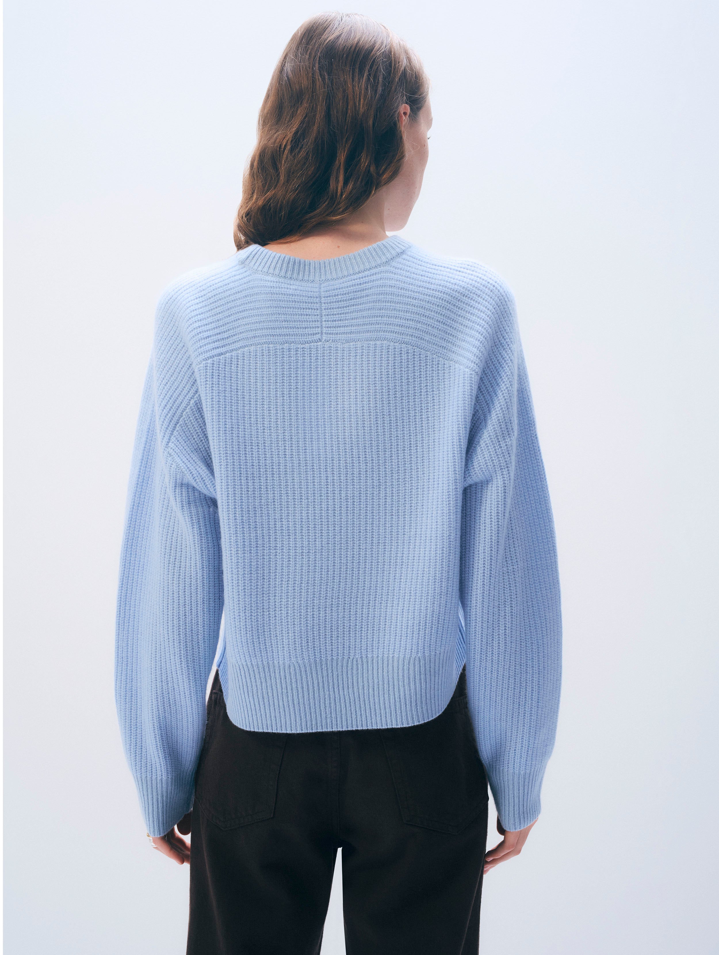 Cashmere Ribbed Saddle Sleeve Crewneck | Icy Blue