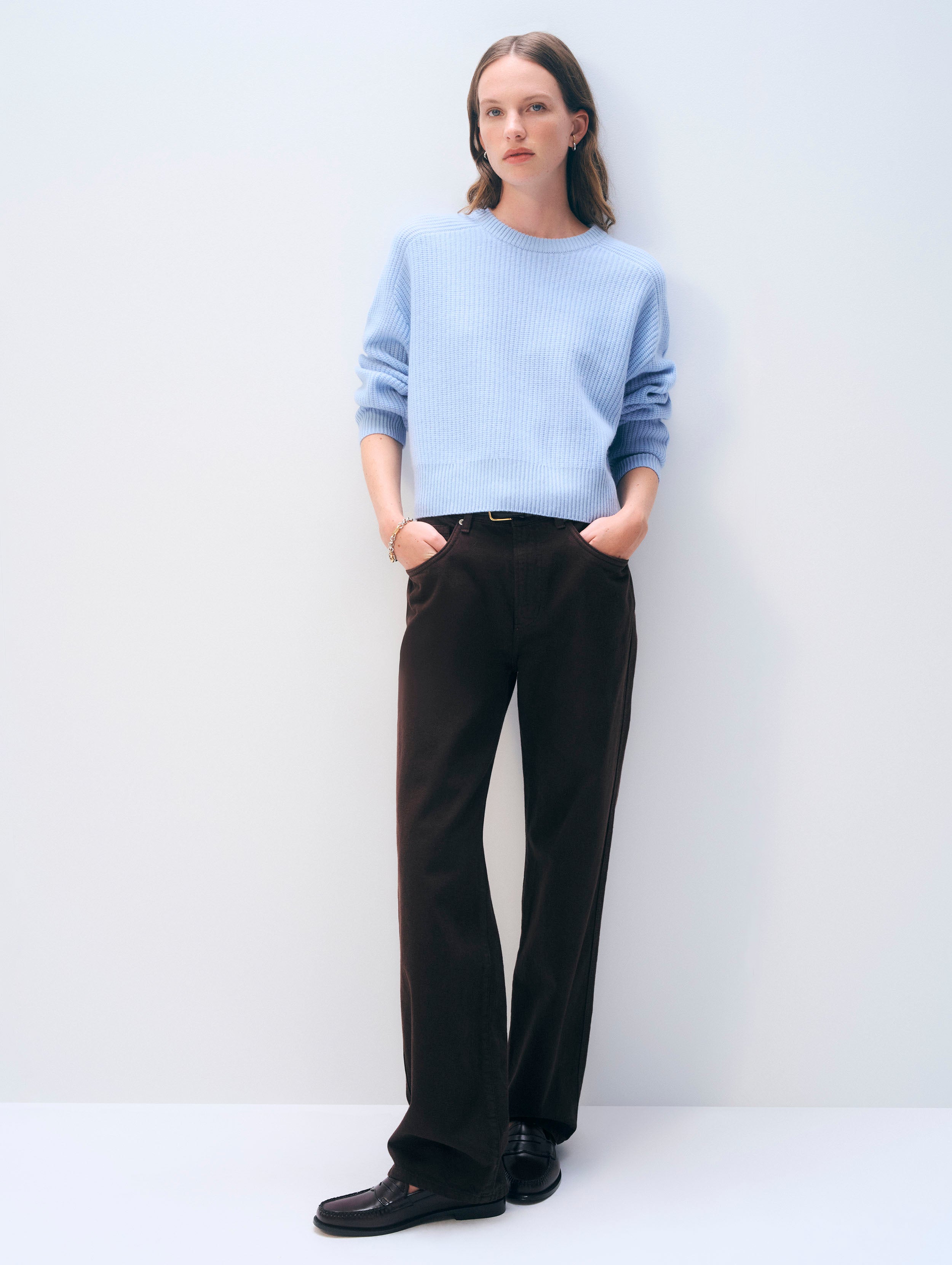 Cashmere Ribbed Saddle Sleeve Crewneck | Icy Blue