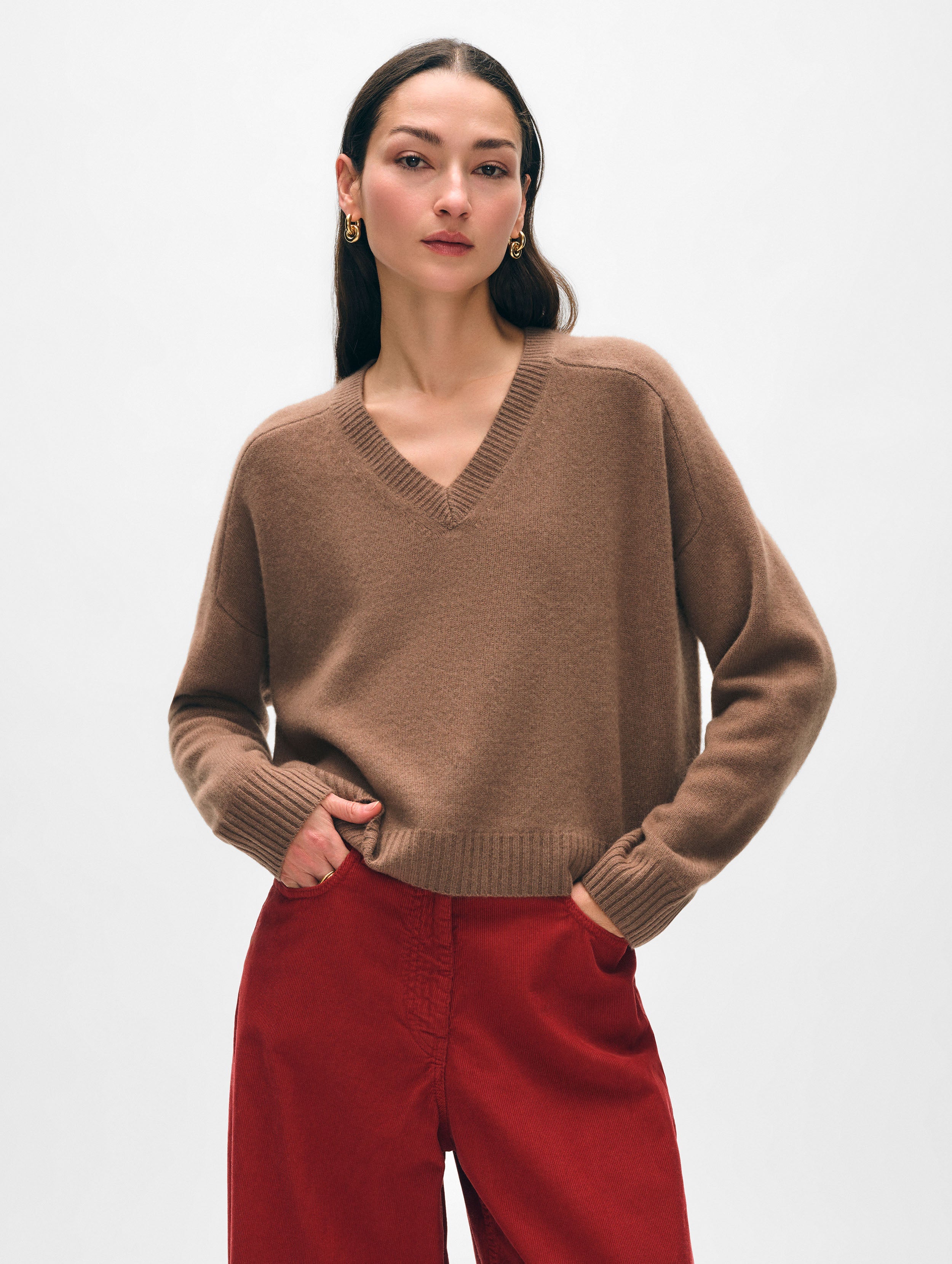 Cashmere Saddle Shoulder V Neck | Saddle Brown