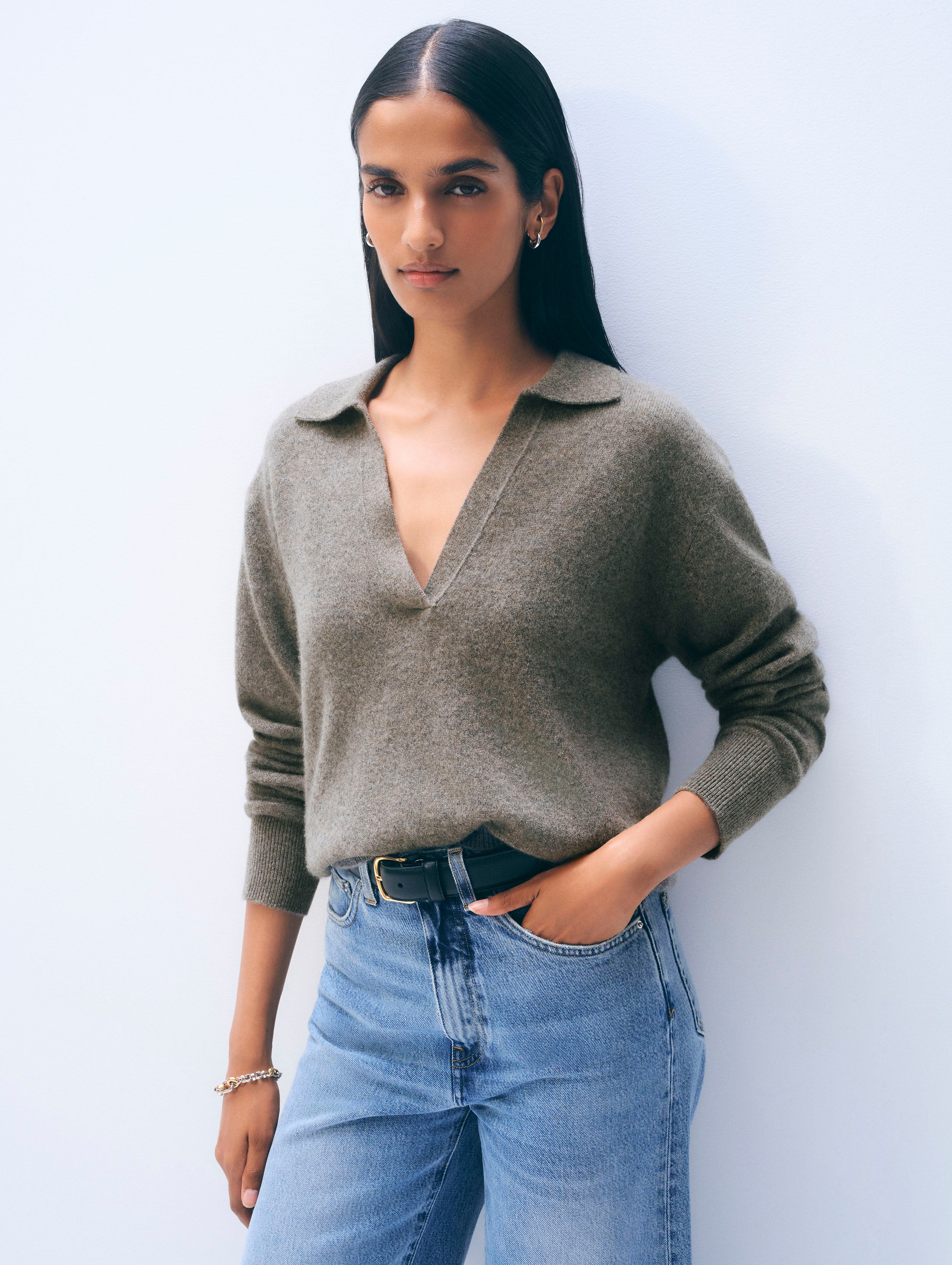 Cashmere Long-Sleeved Polo | Ashen Brown