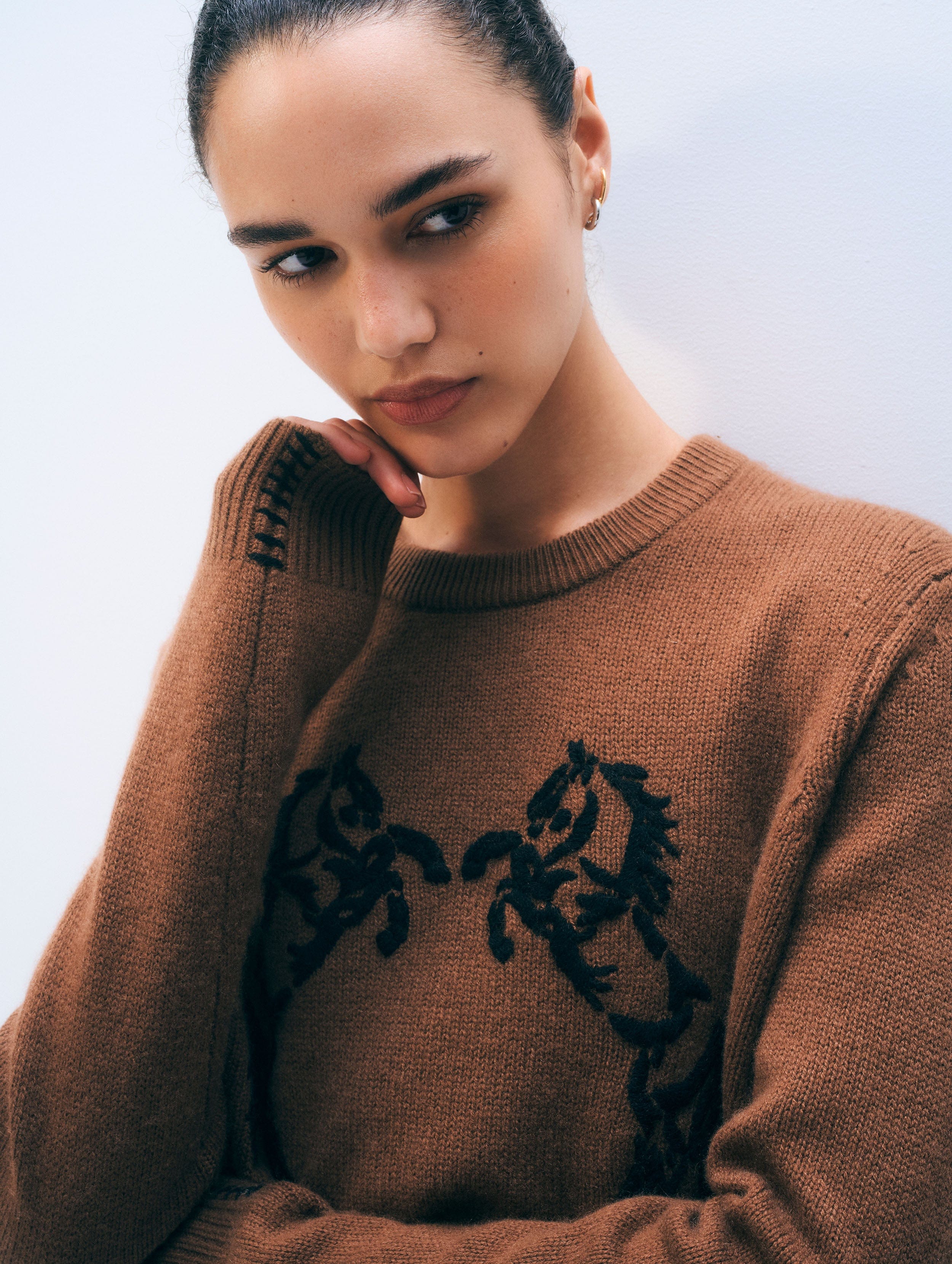 Cashmere Blend Horse Embroidered Crewneck | Umber & Black
