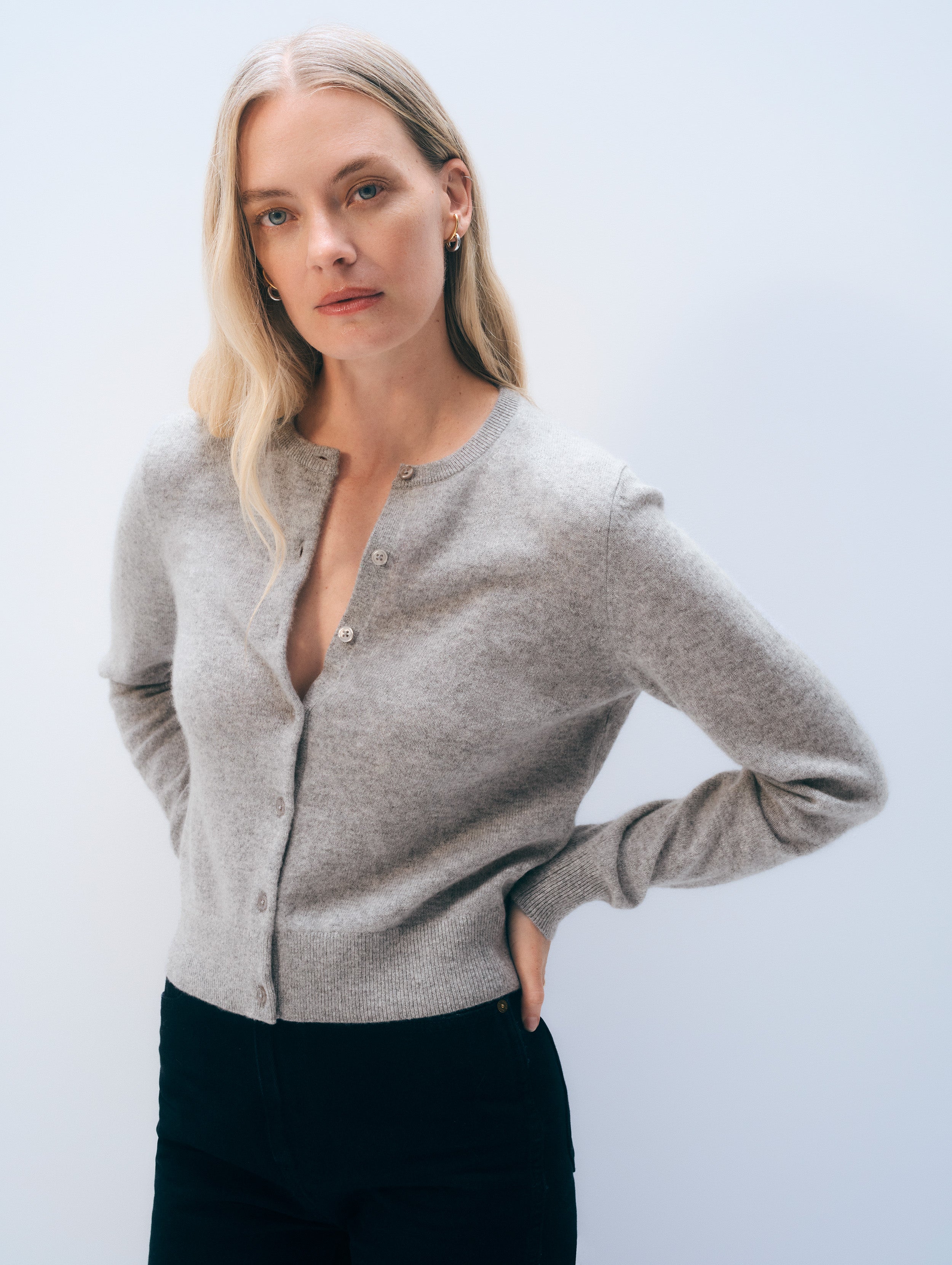 Cashmere Crewneck Cardigan | Grey Heather