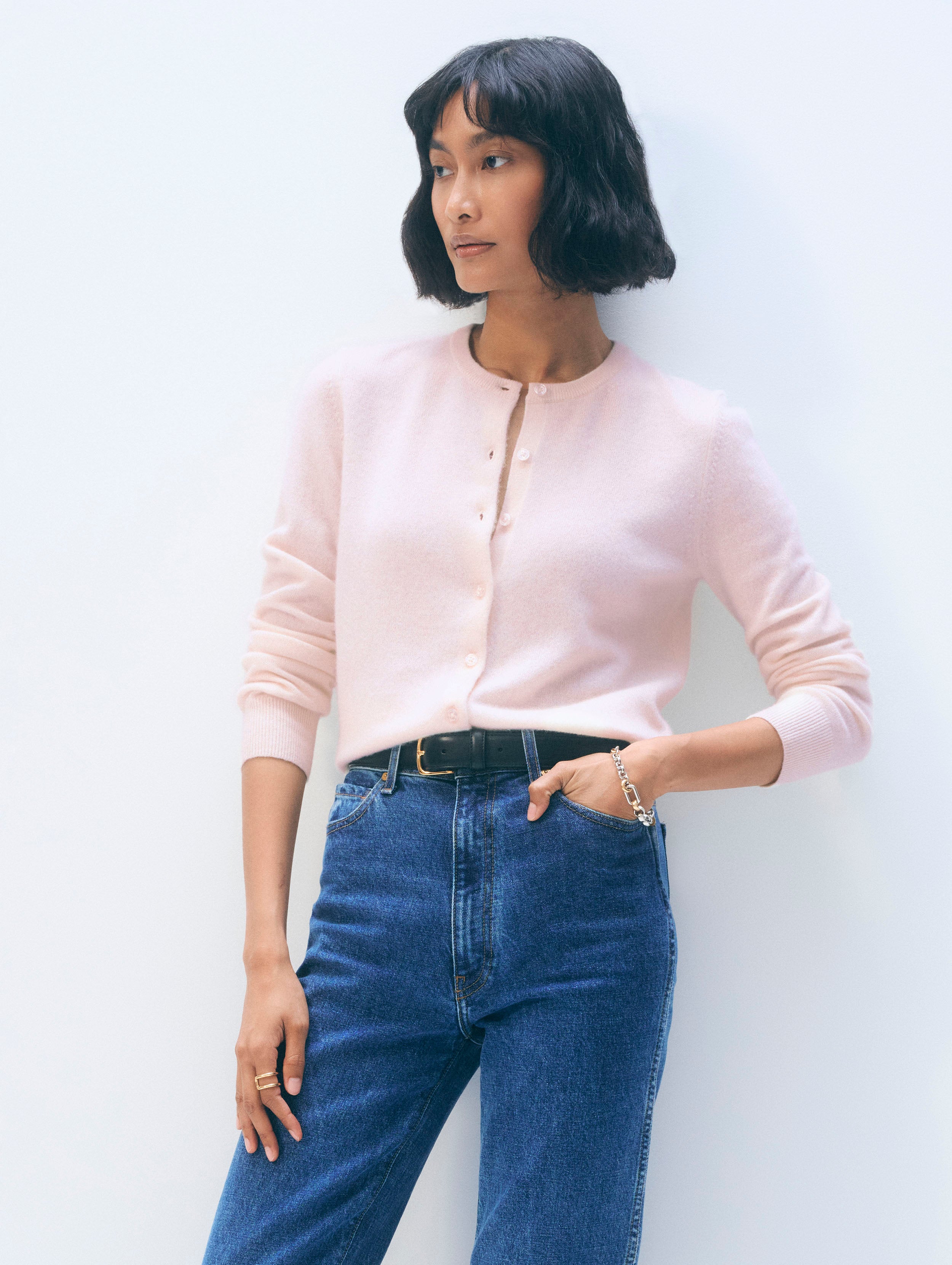 Cashmere Crewneck Cardigan White Warren - Main Image