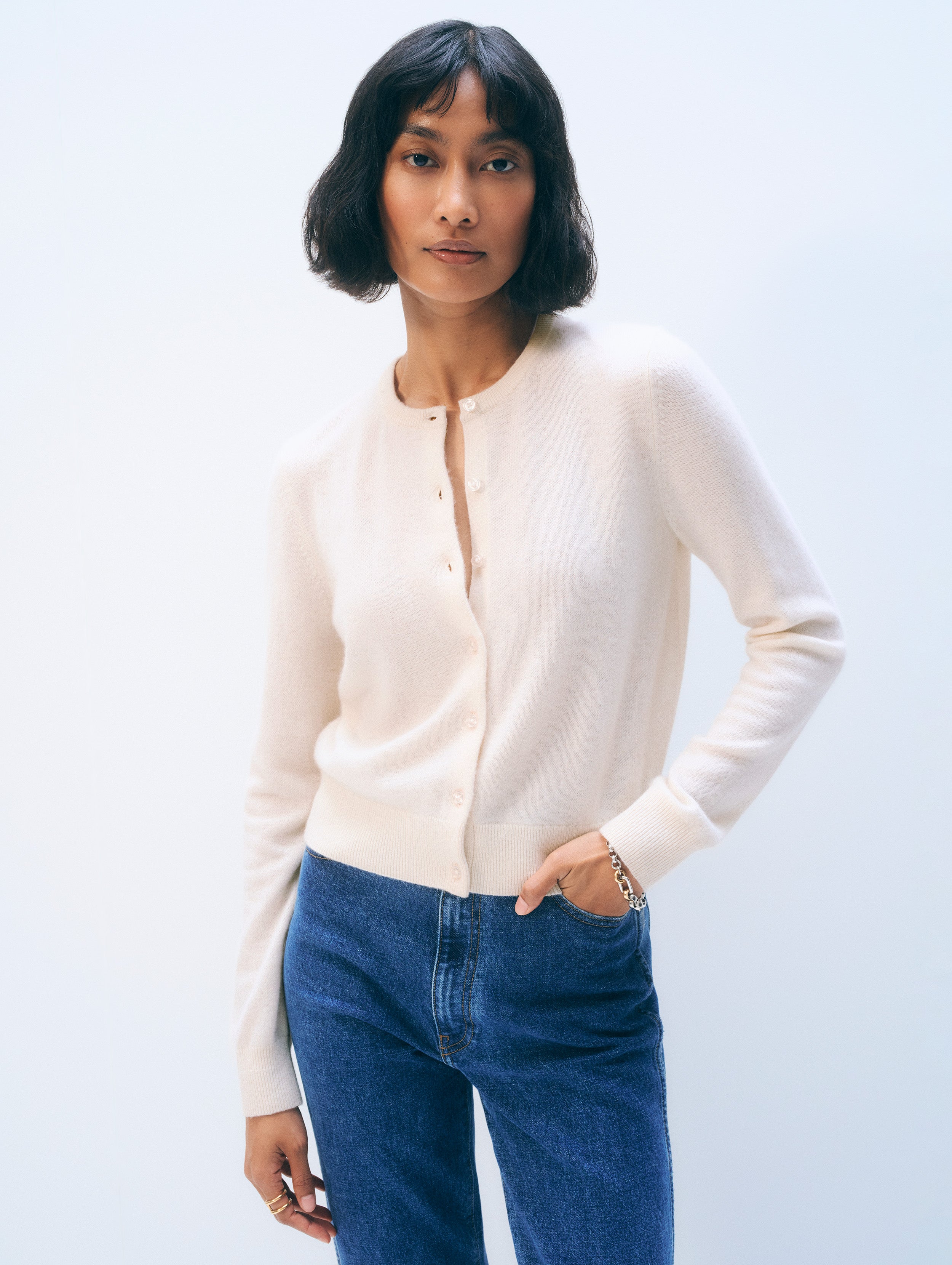 Cashmere Crewneck Cardigan | Soft White