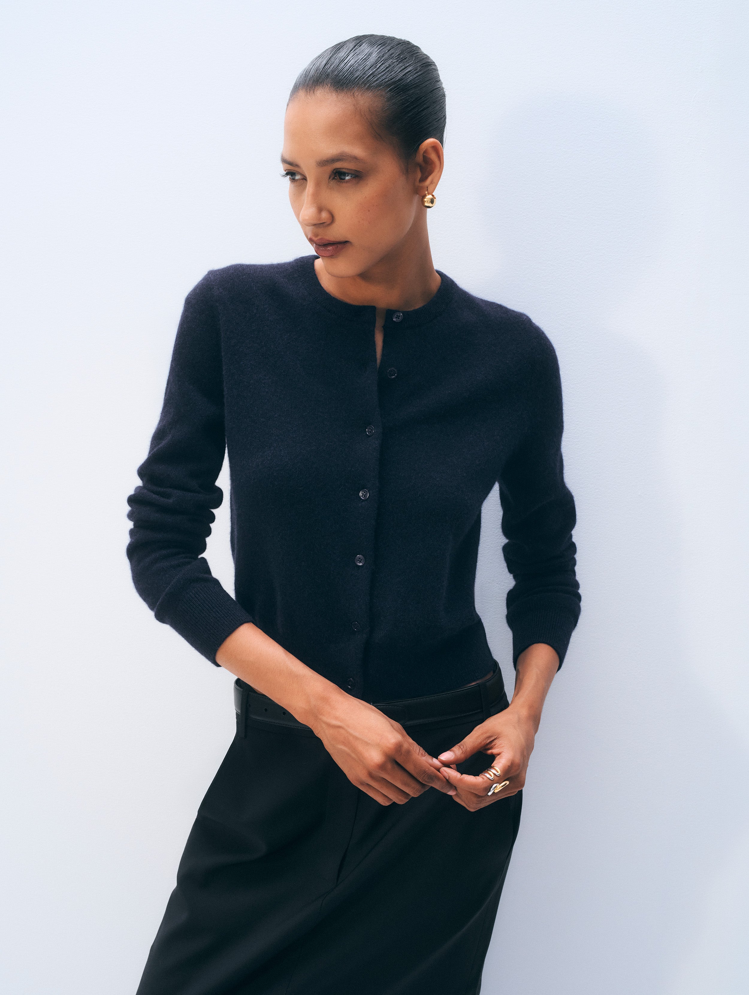 White & Warren | Cashmere Crewneck Cardigan | Deep Navy | S