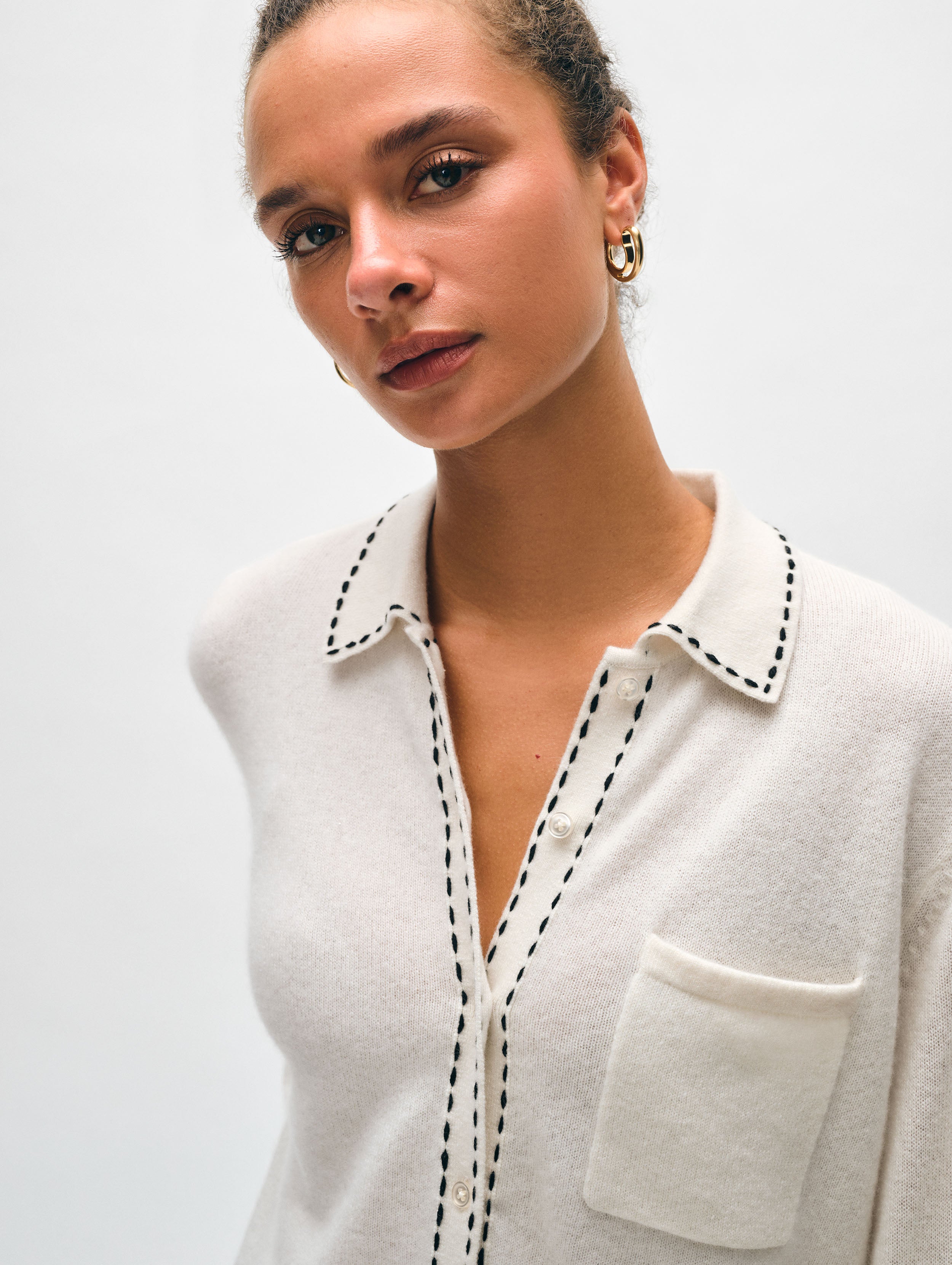 Cashmere Embroidered Trim Button Down Shirt