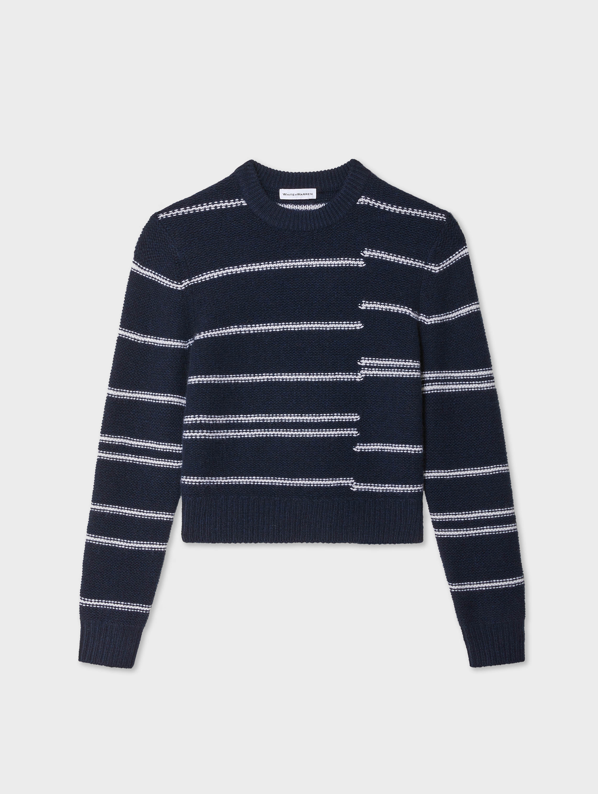 Cashmere Broken Stripe Crewneck | Deep Navy/Soft White