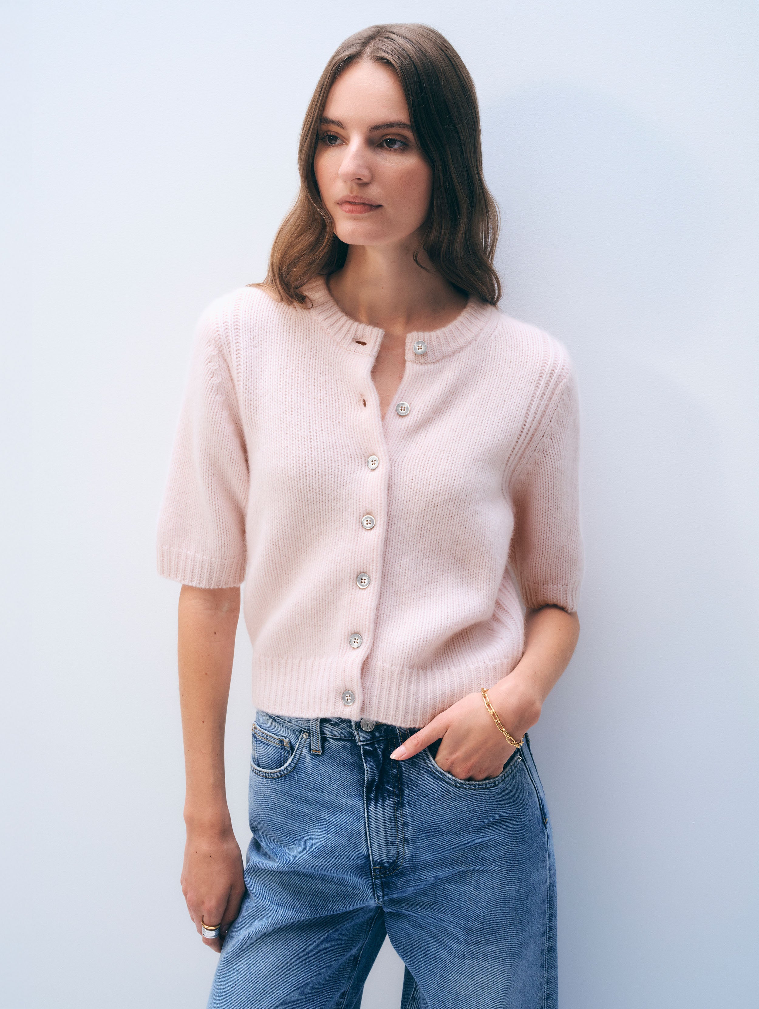 Cashmere Short Sleeve Cardigan Pink Sand - Main Image