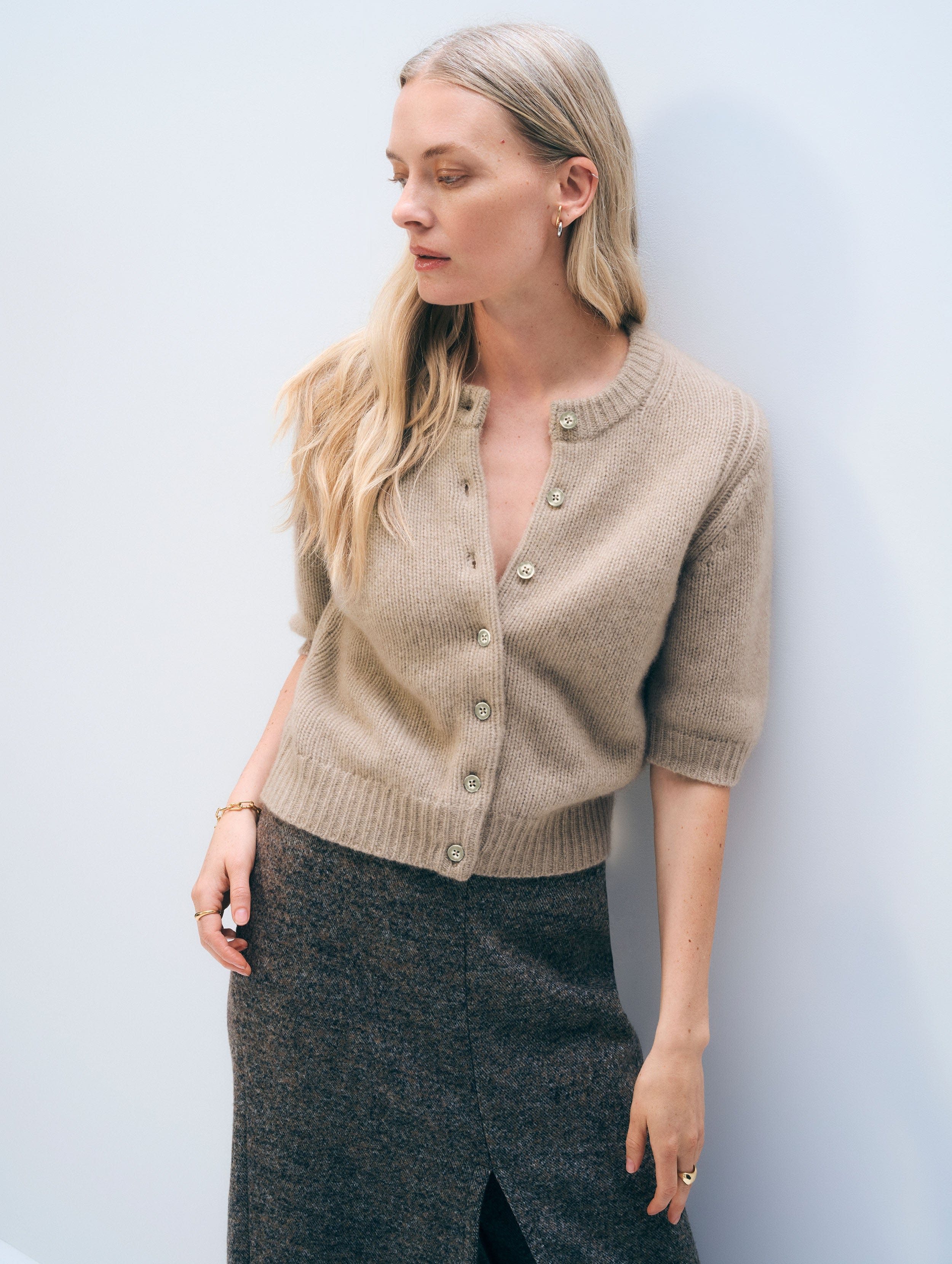 Cashmere Short Sleeve Cardigan | Taupe Heather