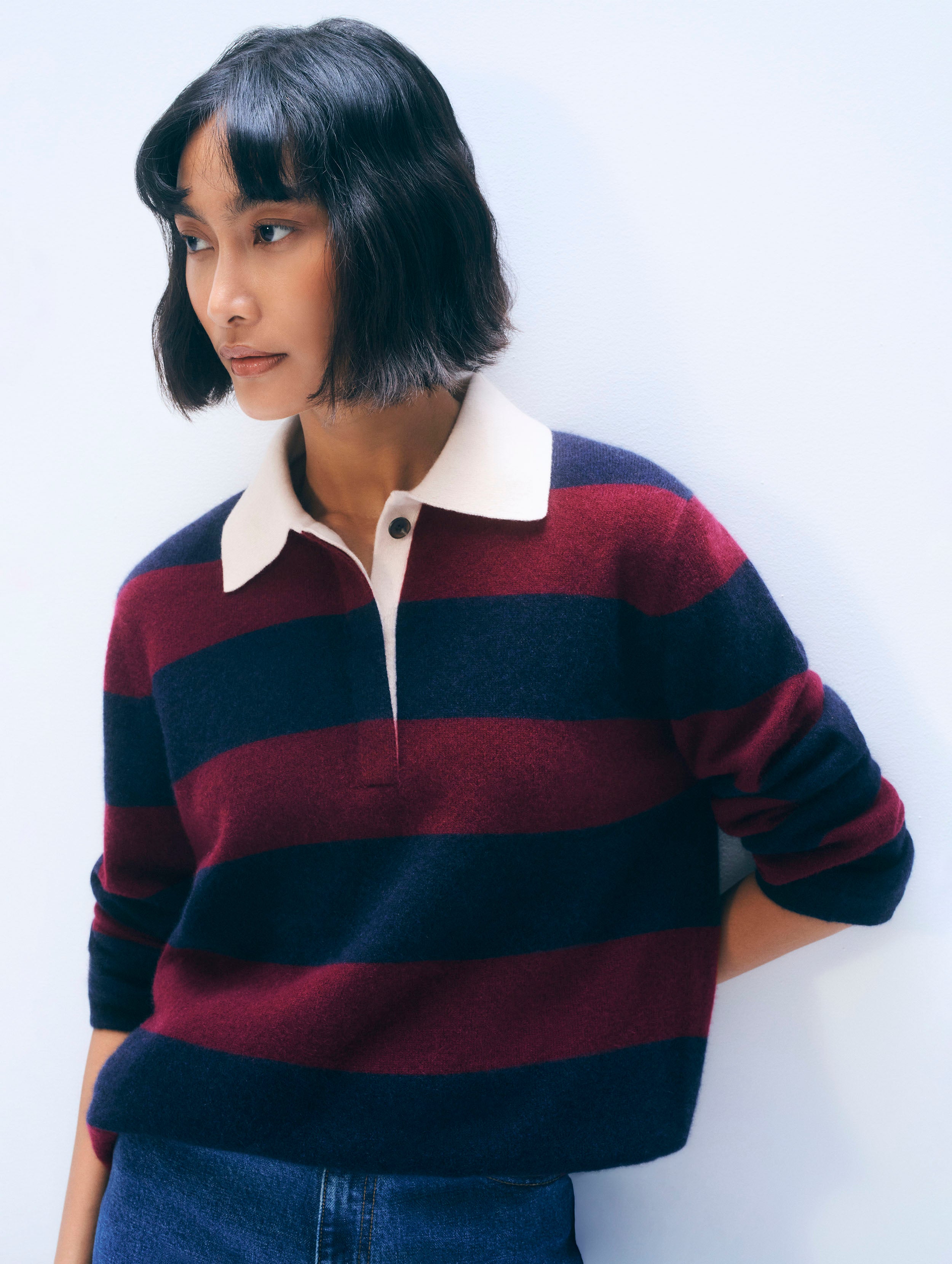 Cashmere Rugby Stripe Polo | Deep Navy/Sangria