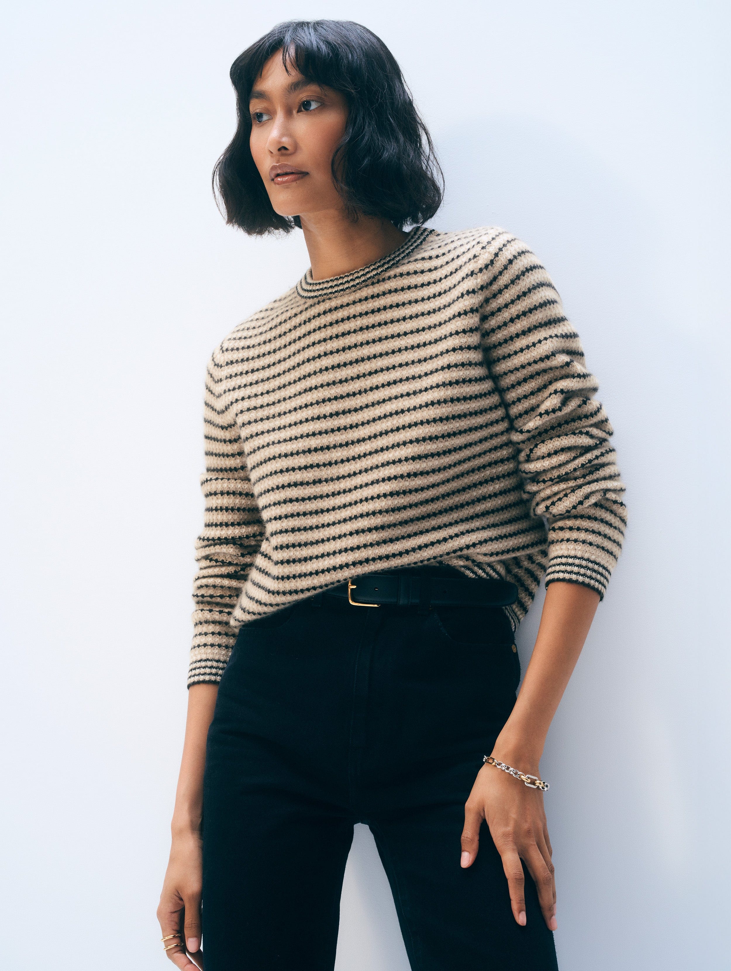 Cashmere Textured Stripe Crewneck | Neutral Combo