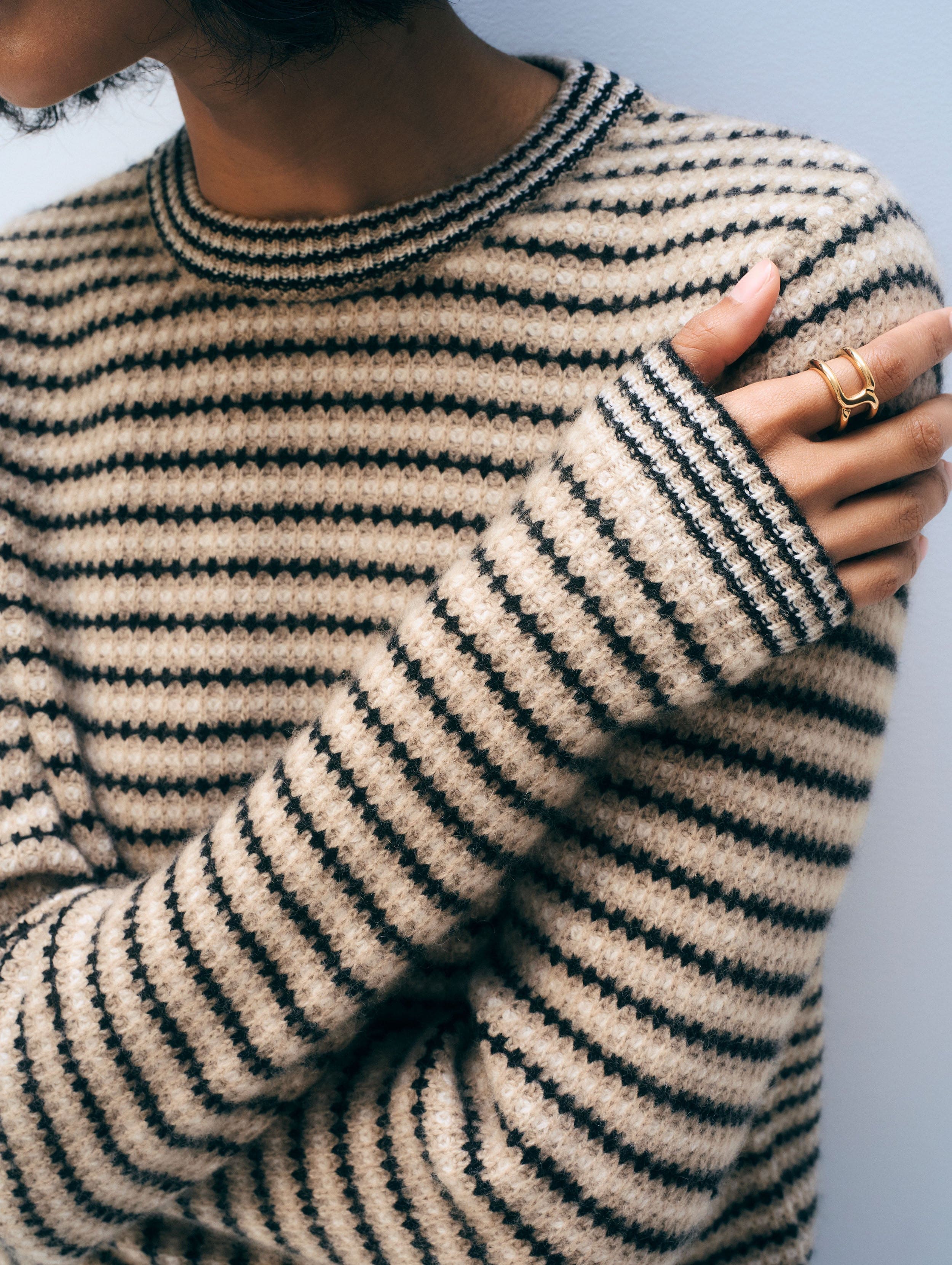 Cashmere Textured Stripe Crewneck | Neutral Combo
