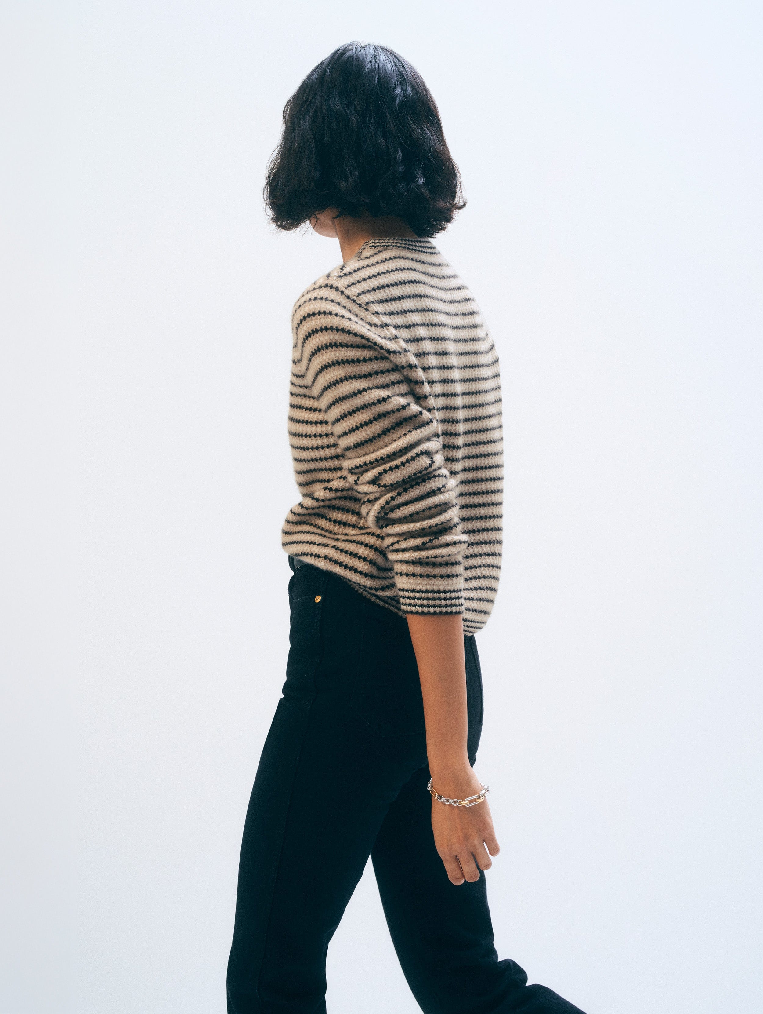 Cashmere Textured Stripe Crewneck | Neutral Combo