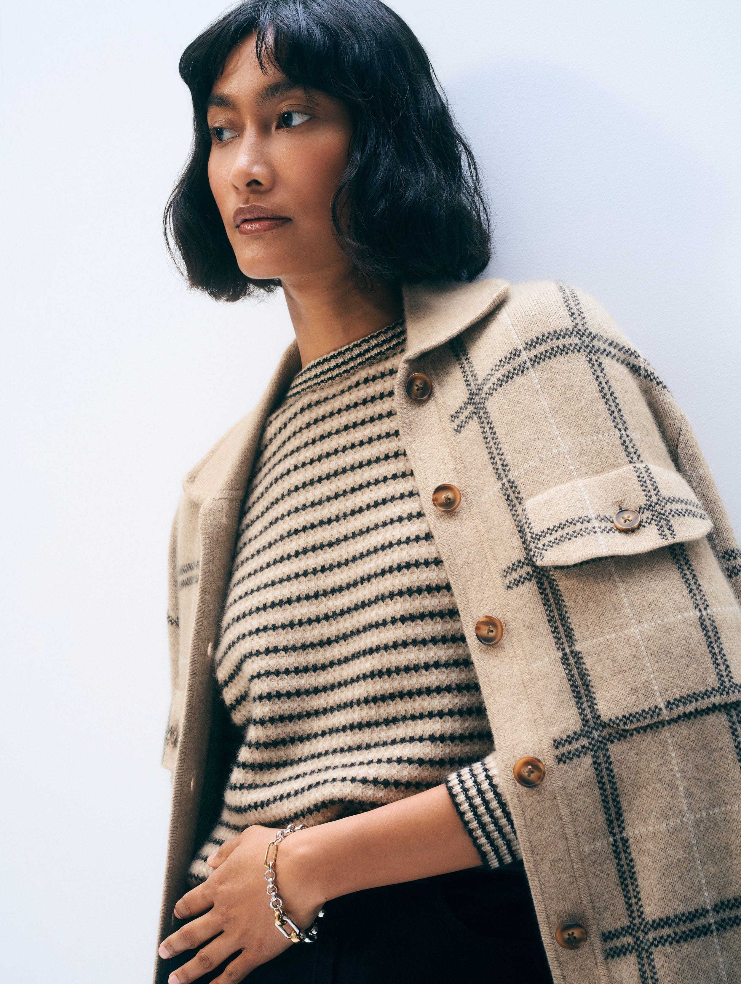 Cashmere Textured Stripe Crewneck | Neutral Combo