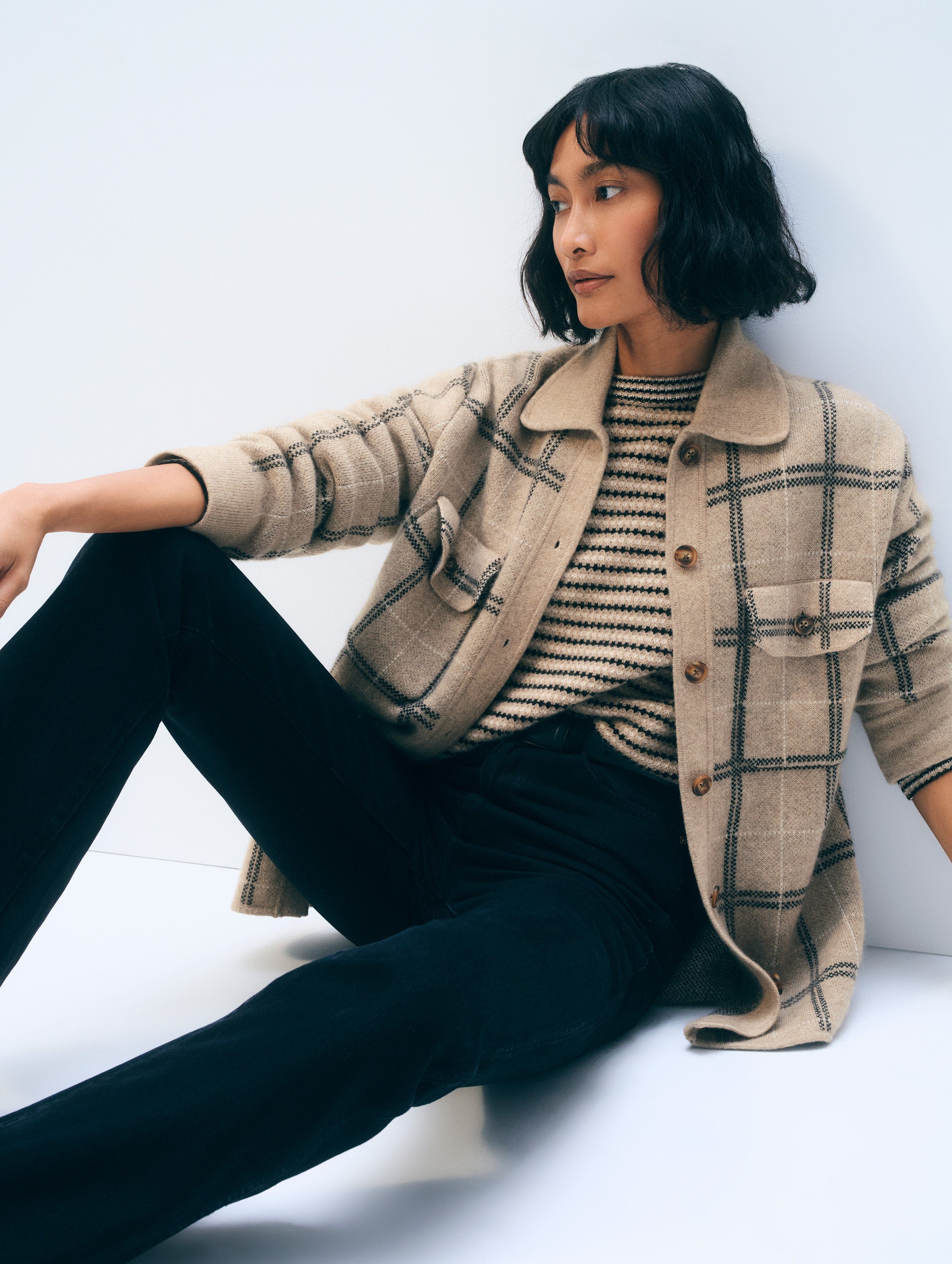 Cashmere Textured Stripe Crewneck | Neutral Combo