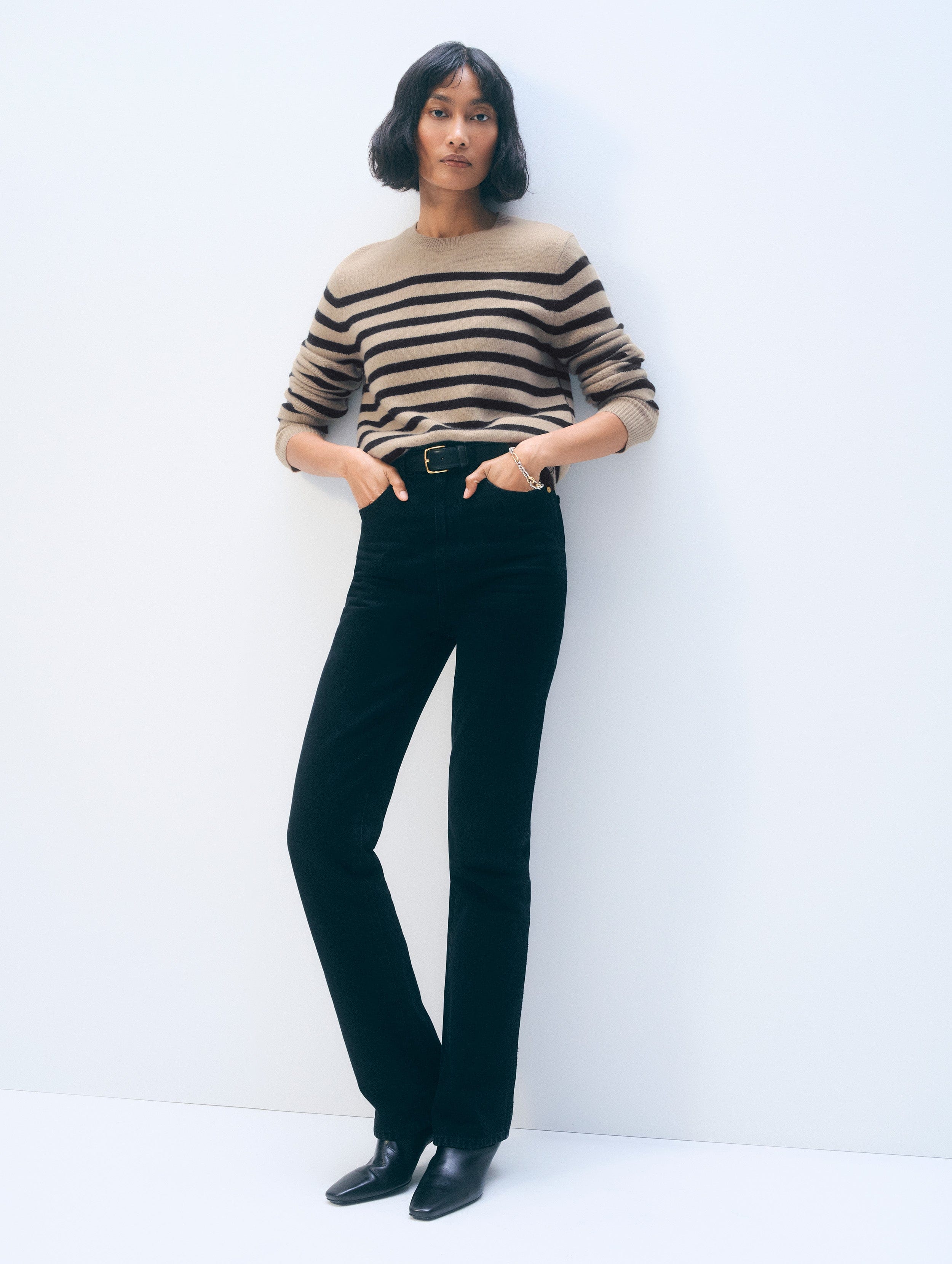 Cashmere Striped Crewneck | Khaki & Black