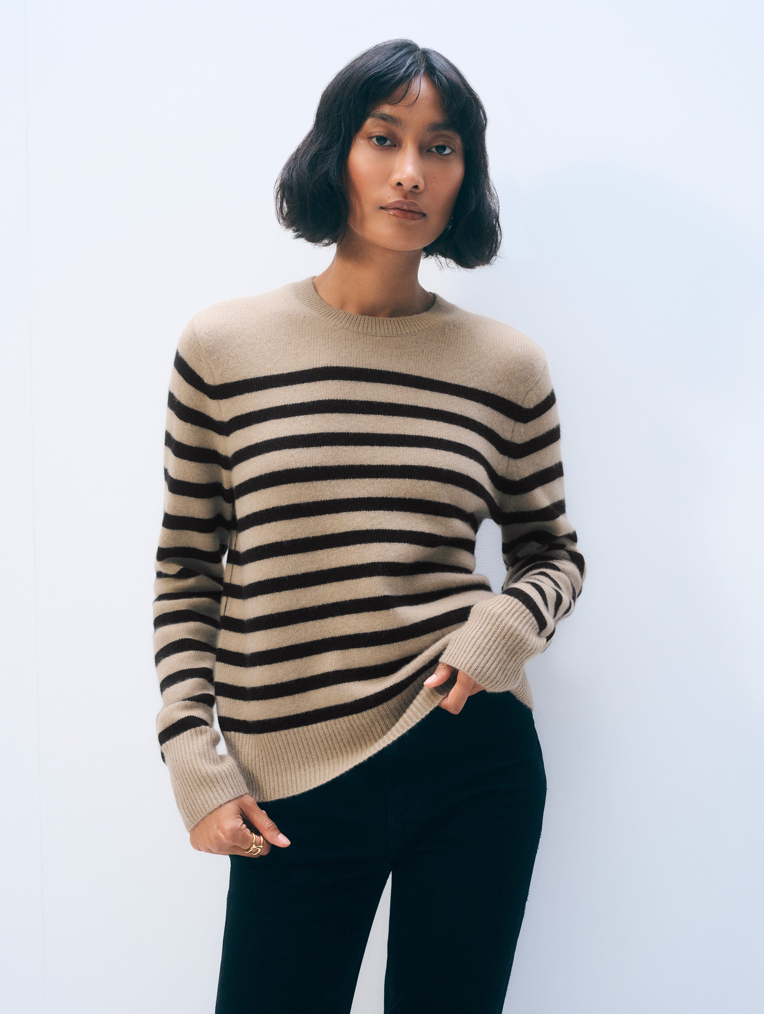 Cashmere Striped Crewneck | Khaki & Black