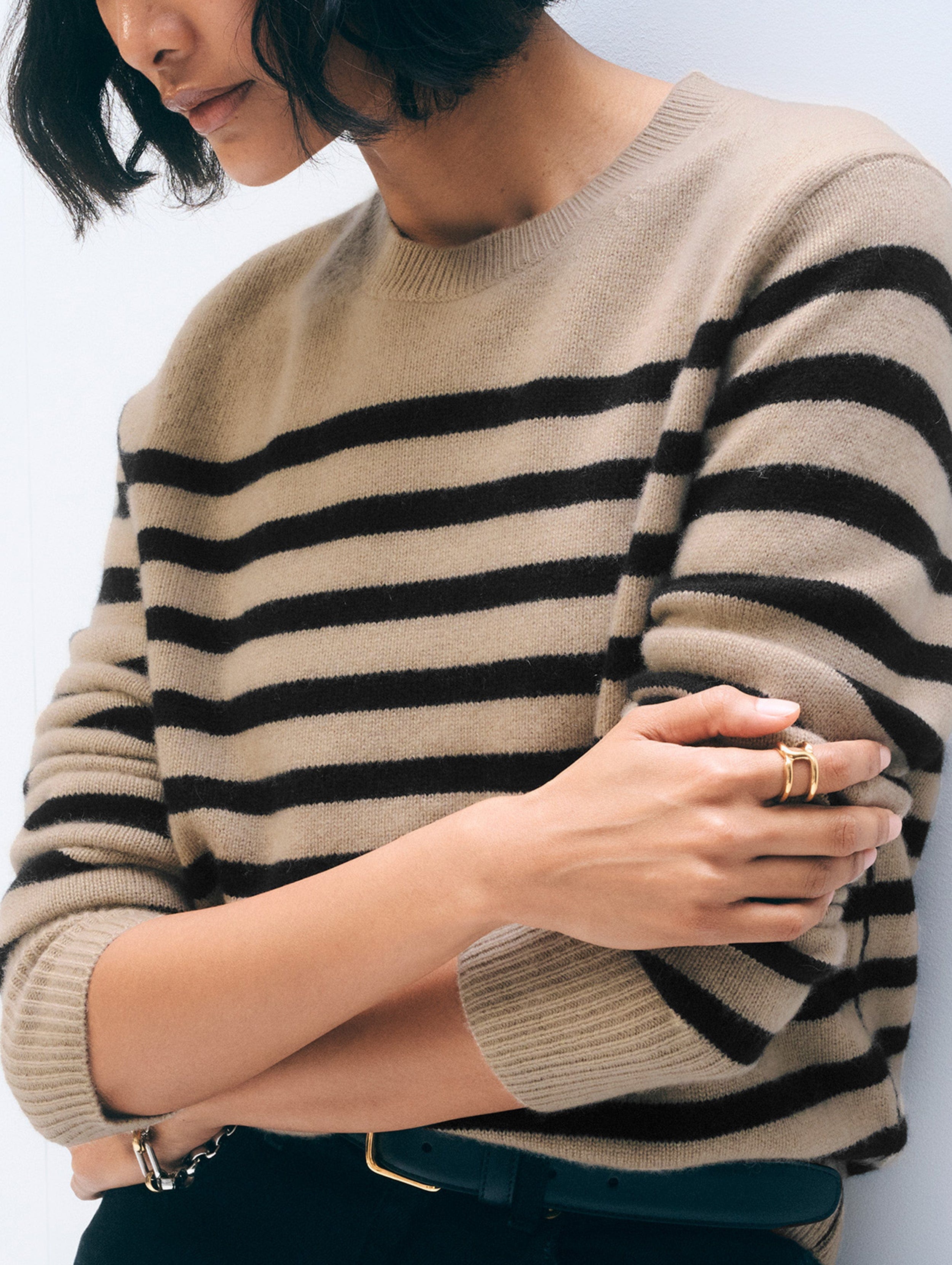 Cashmere Striped Crewneck | Khaki & Black