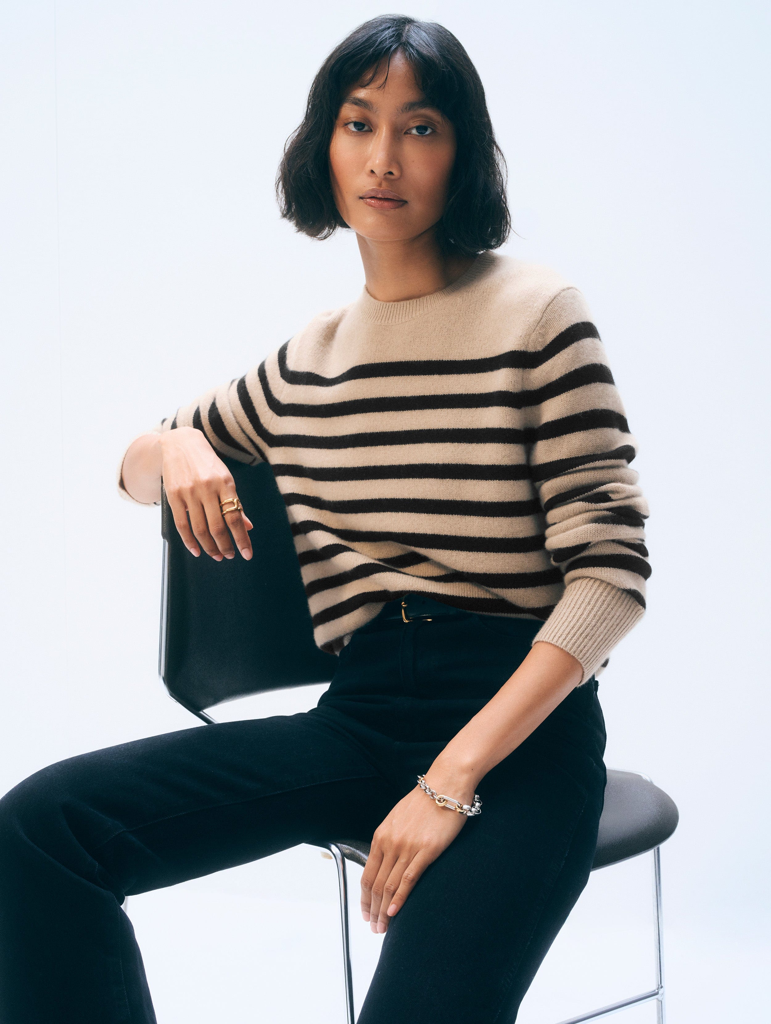 Cashmere Striped Crewneck | Khaki & Black