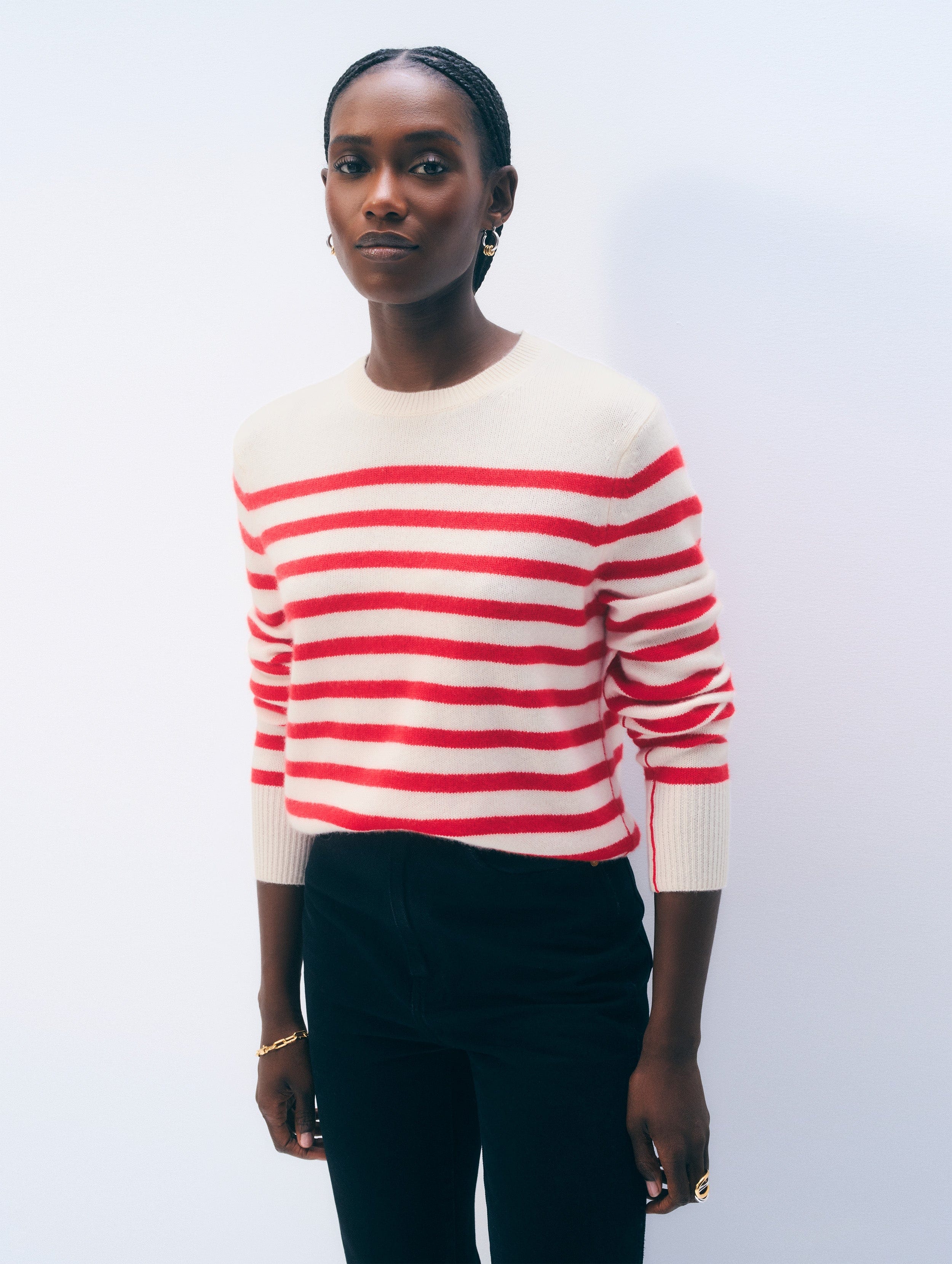 Cashmere Striped Crewneck | Red & White