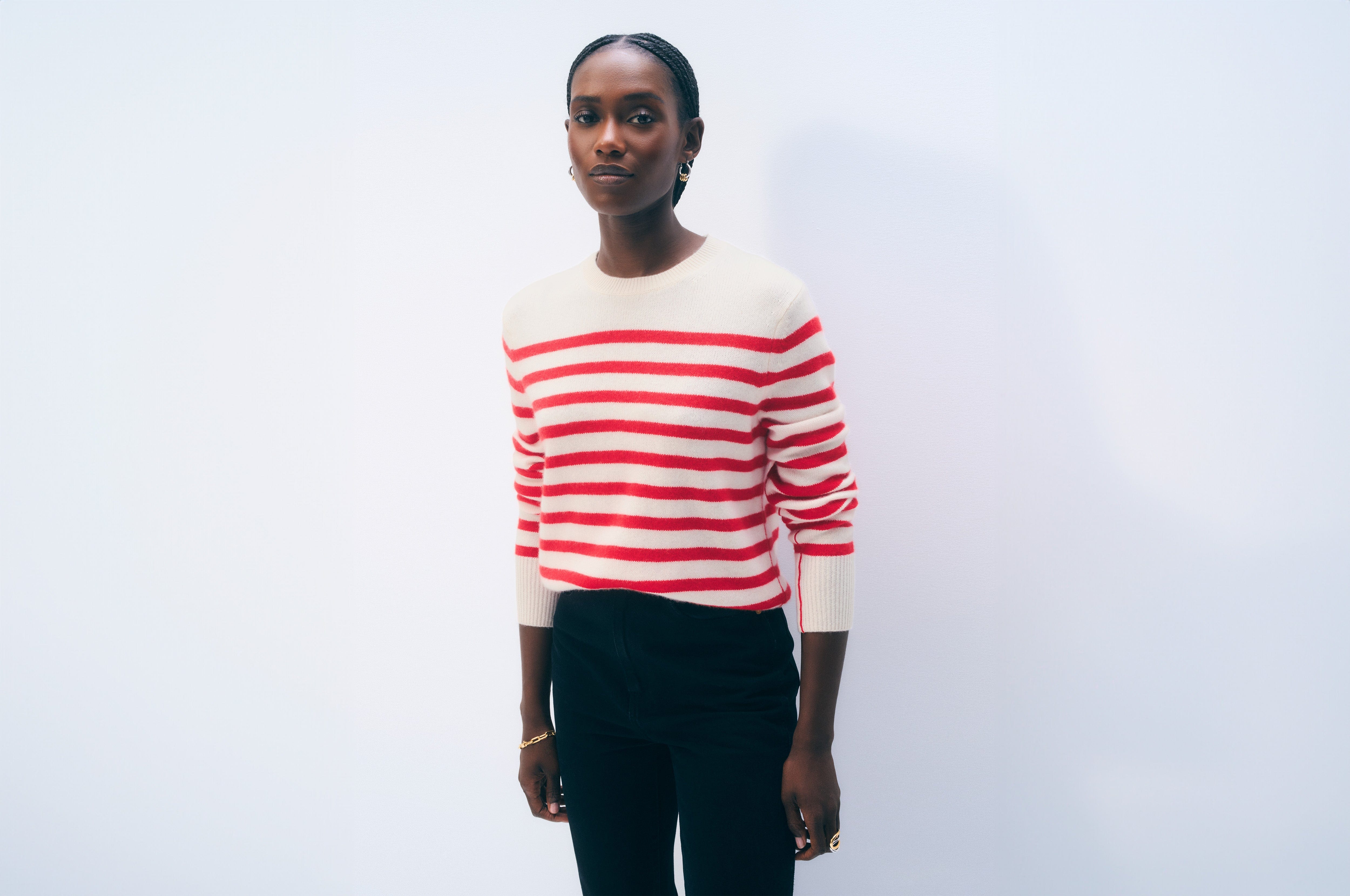 Cashmere Striped Crewneck | Red & White