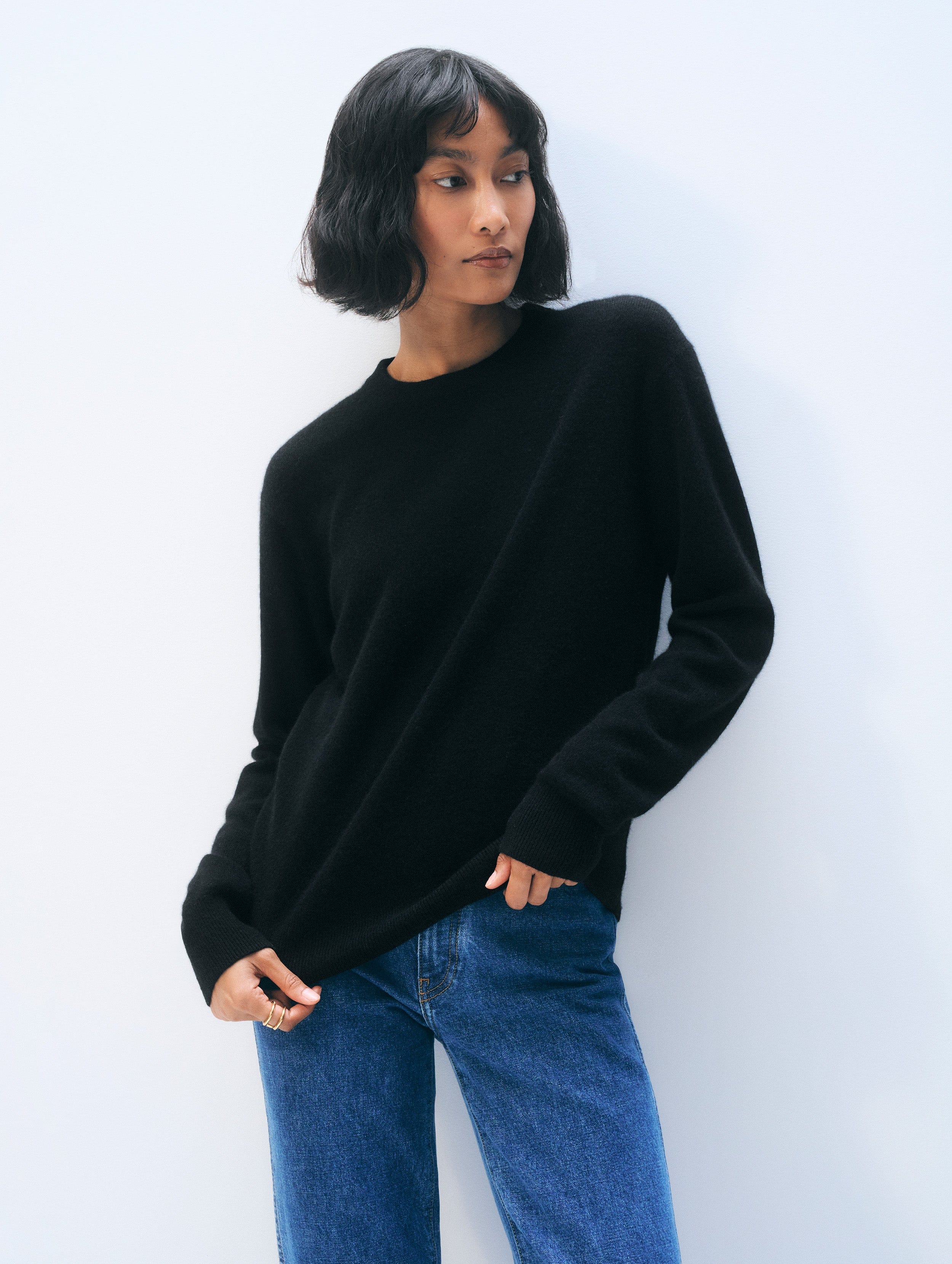 Cashmere Rib Trim Crewneck