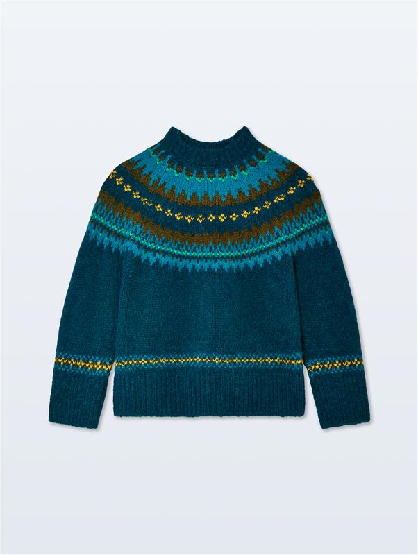 Alpaca Blend Fair Isle Crewneck | Teal Combo