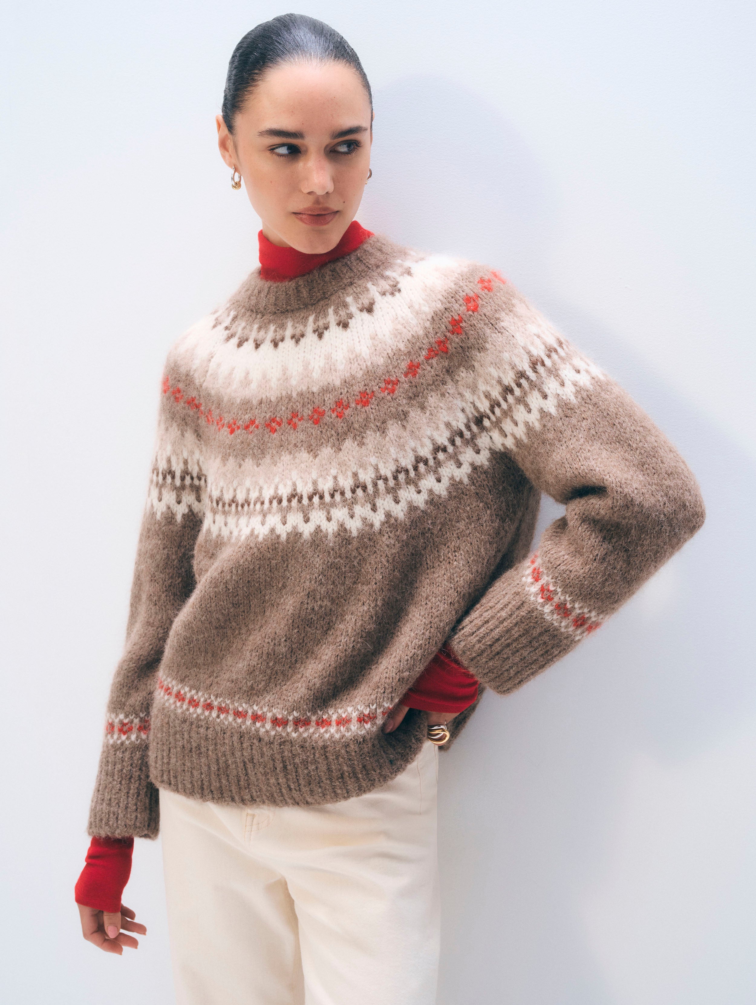 Alpaca Blend Fair Isle Crewneck | Brown Combo