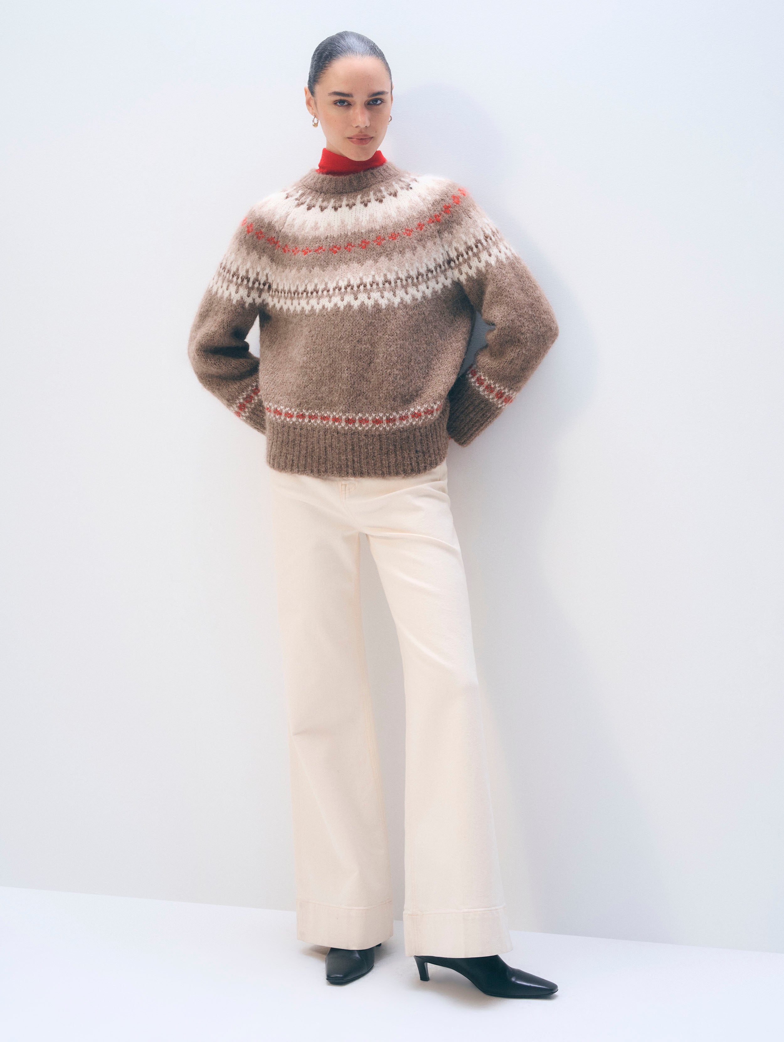 Alpaca Blend Fair Isle Crewneck | Brown Combo