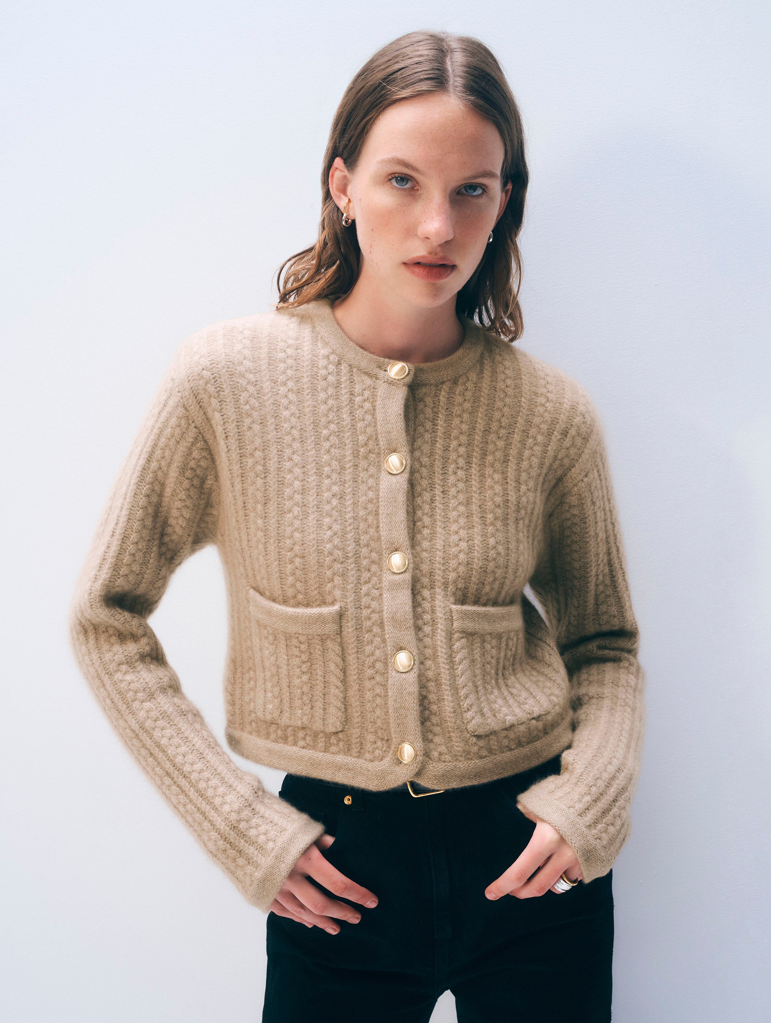 Cashmere Luxe Cable Cardigan | Taupe Heather
