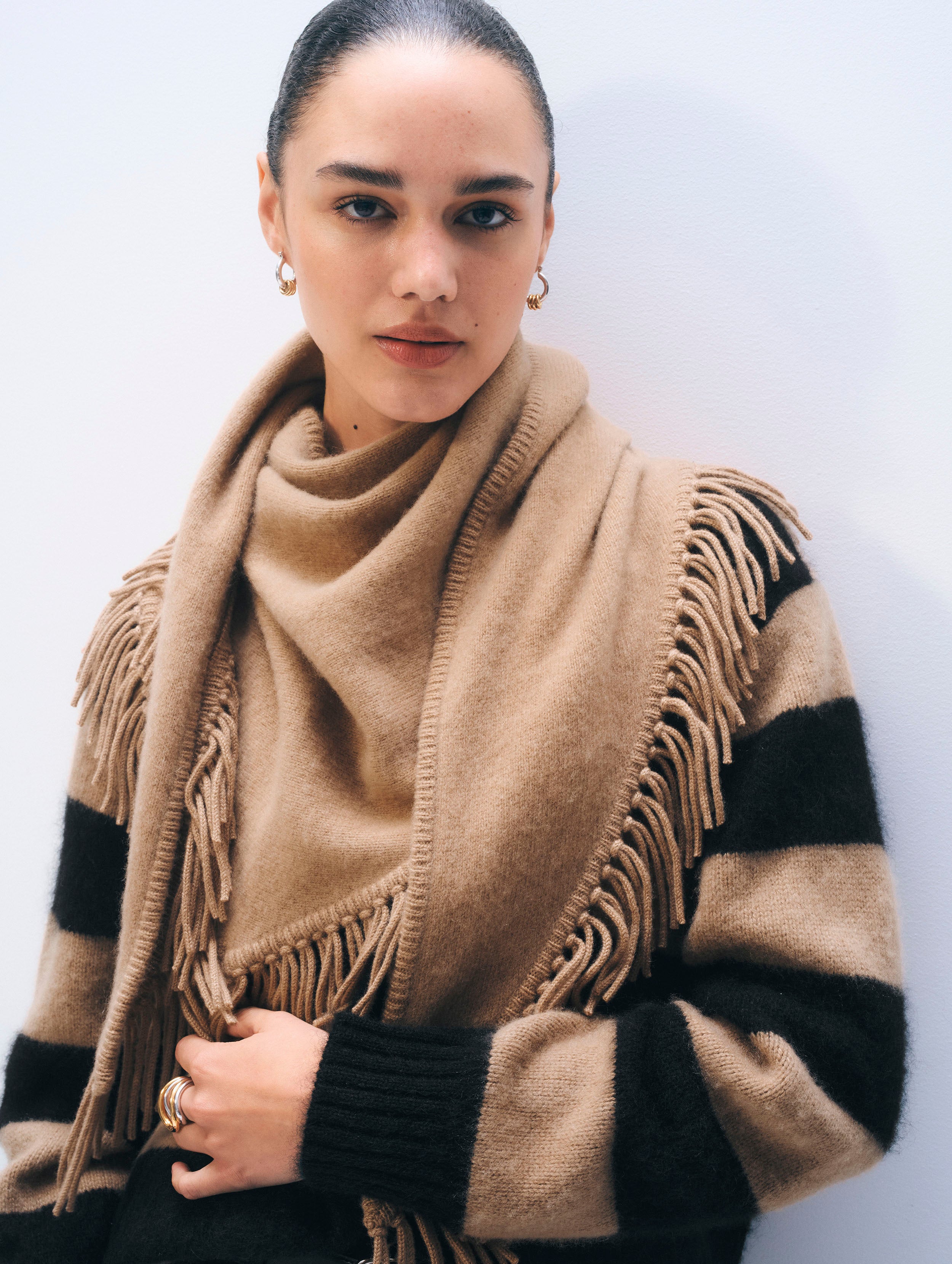 Brushed Fringe Cashmere Scarf Burnt Caramel