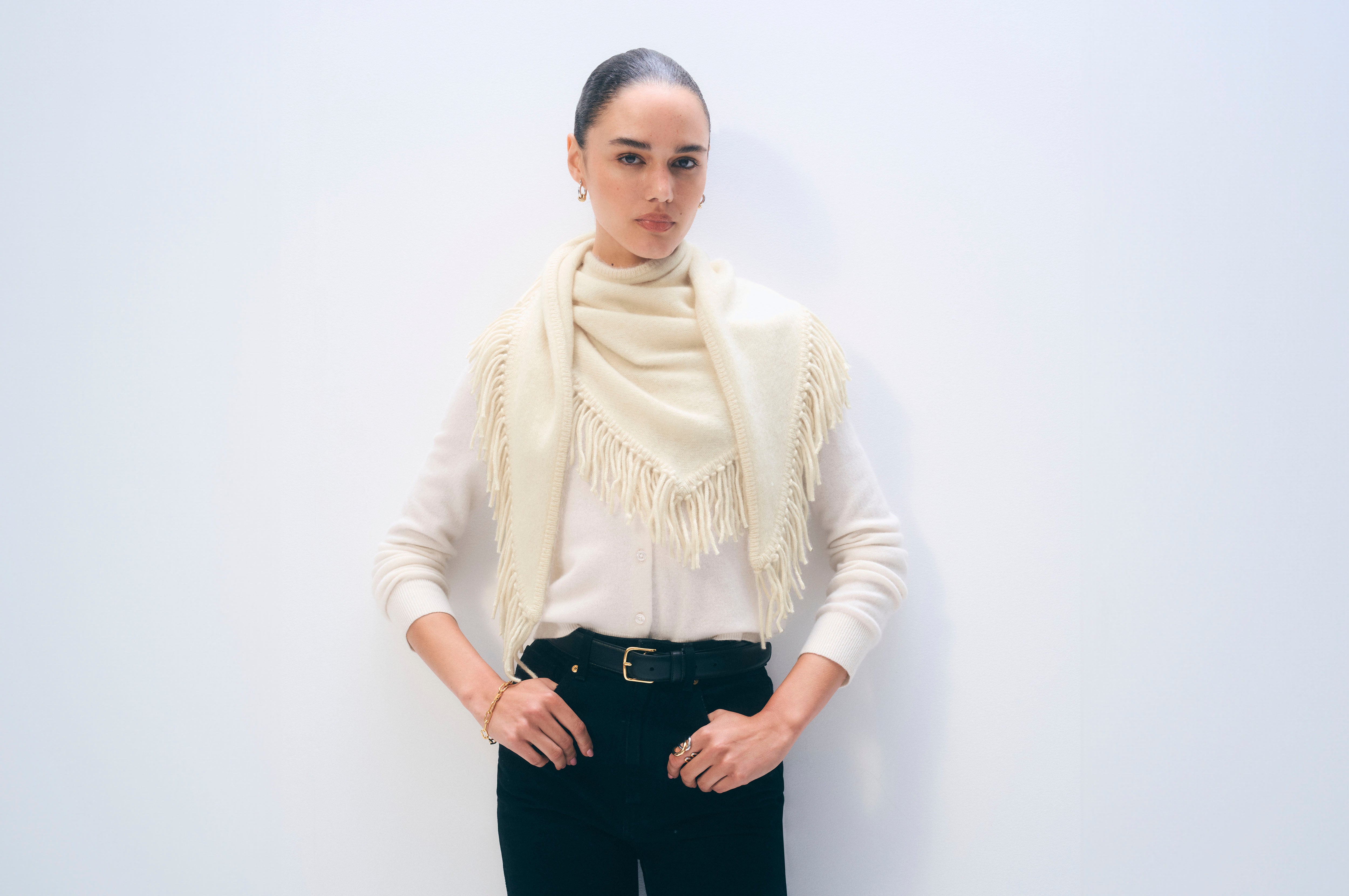 Brushed Fringe Cashmere Scarf | Ivory