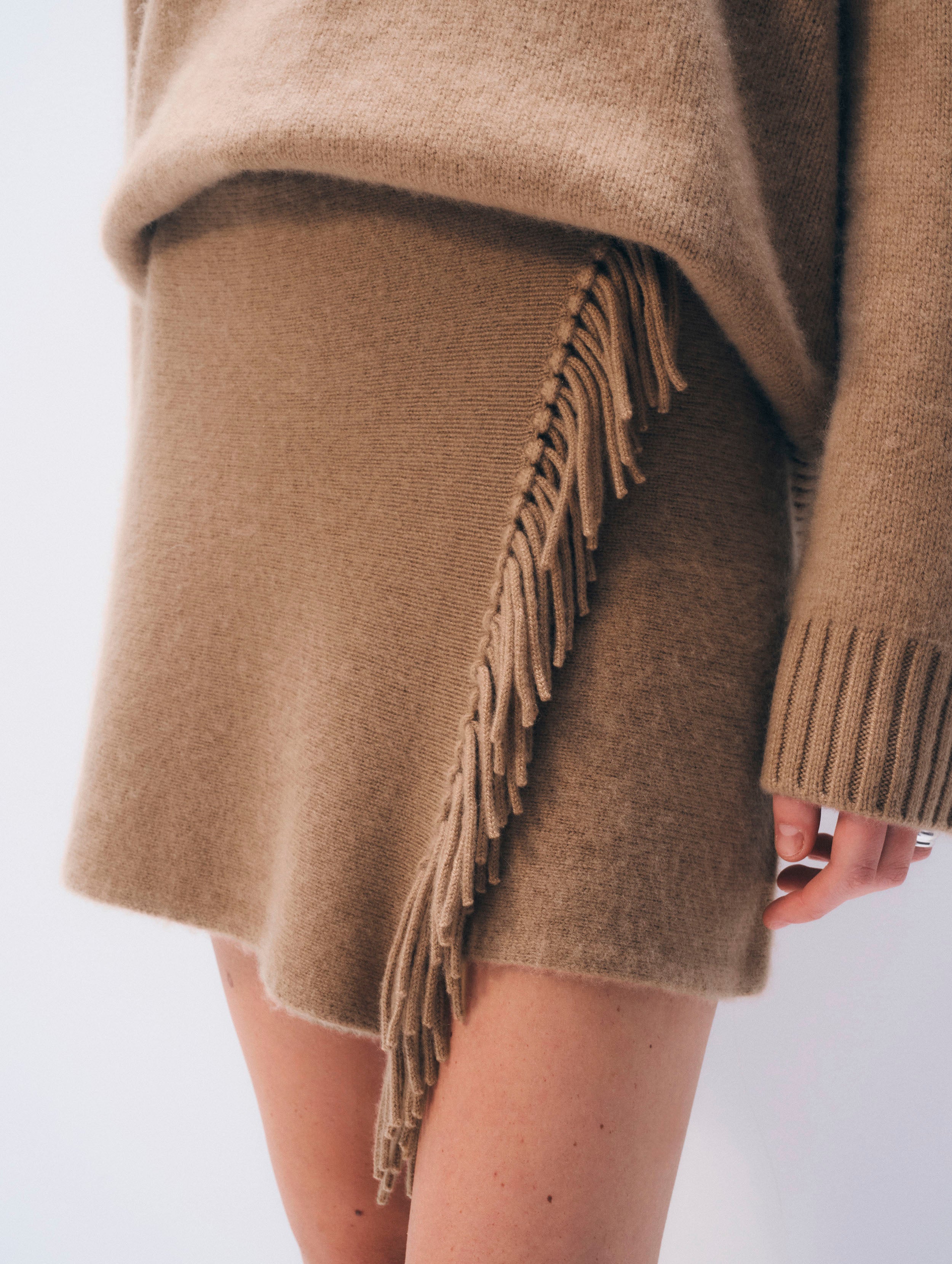 Brushed Cashmere Fringe Mini Skirt | Burnt Caramel