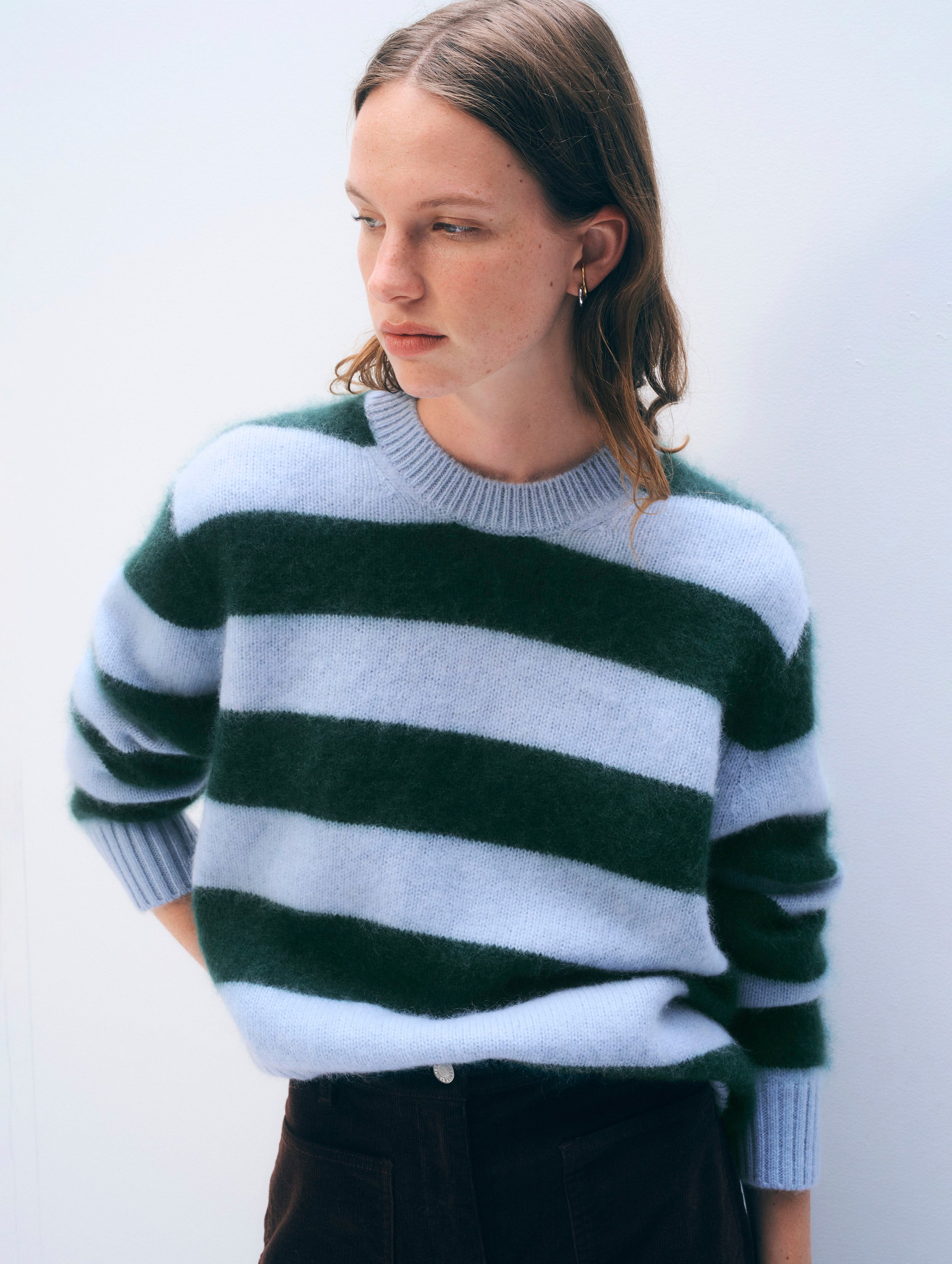 Brushed Cashmere Striped Crewneck | Blue/Tealwood