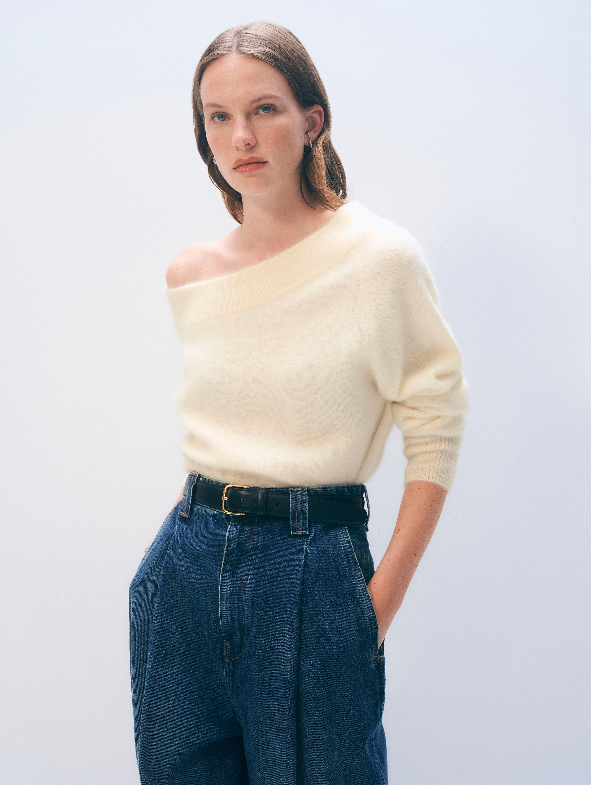 Brushed Cashmere Off Shoulder Crewneck | Ivory