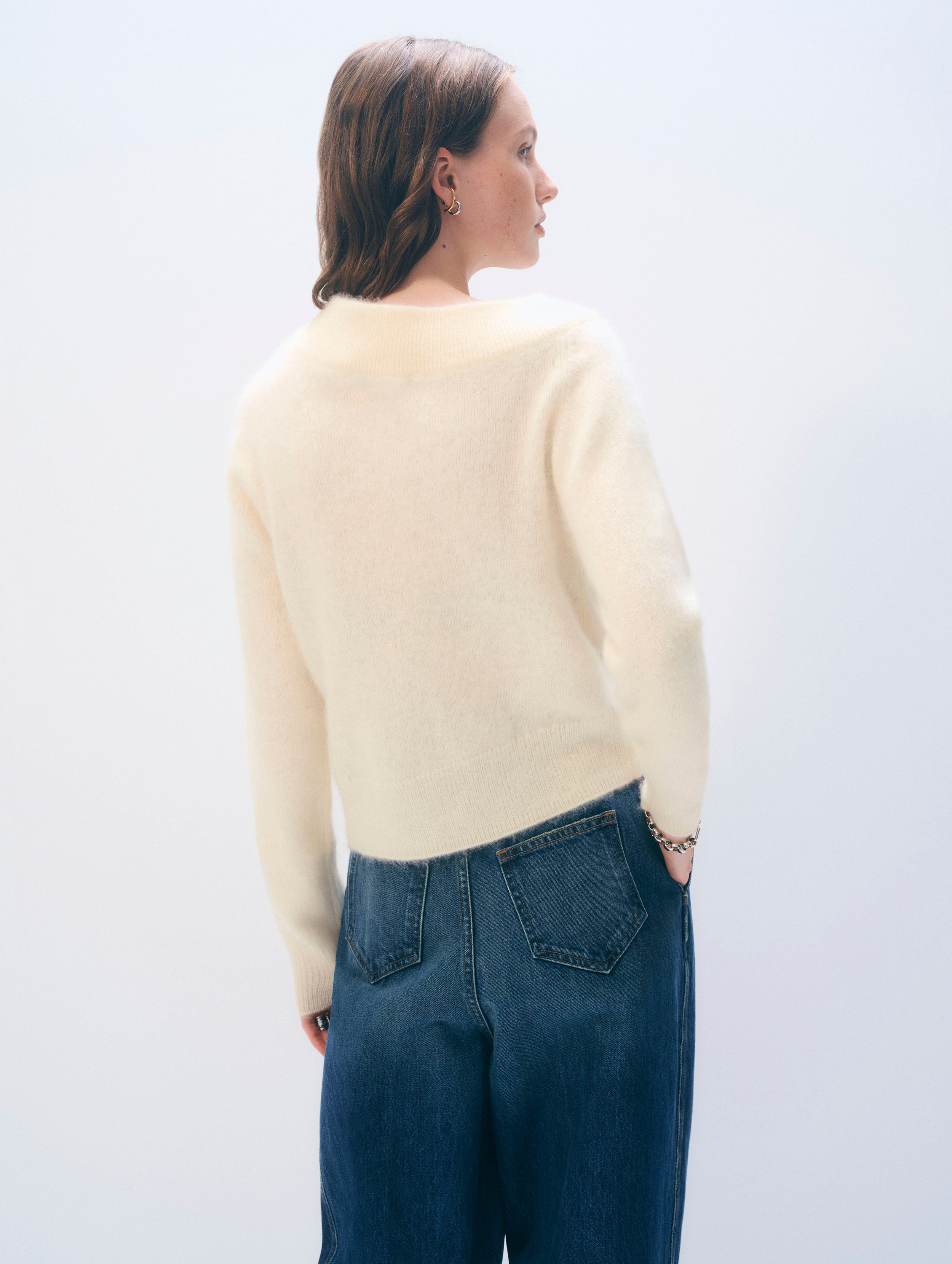 Brushed Cashmere Off Shoulder Crewneck | Ivory