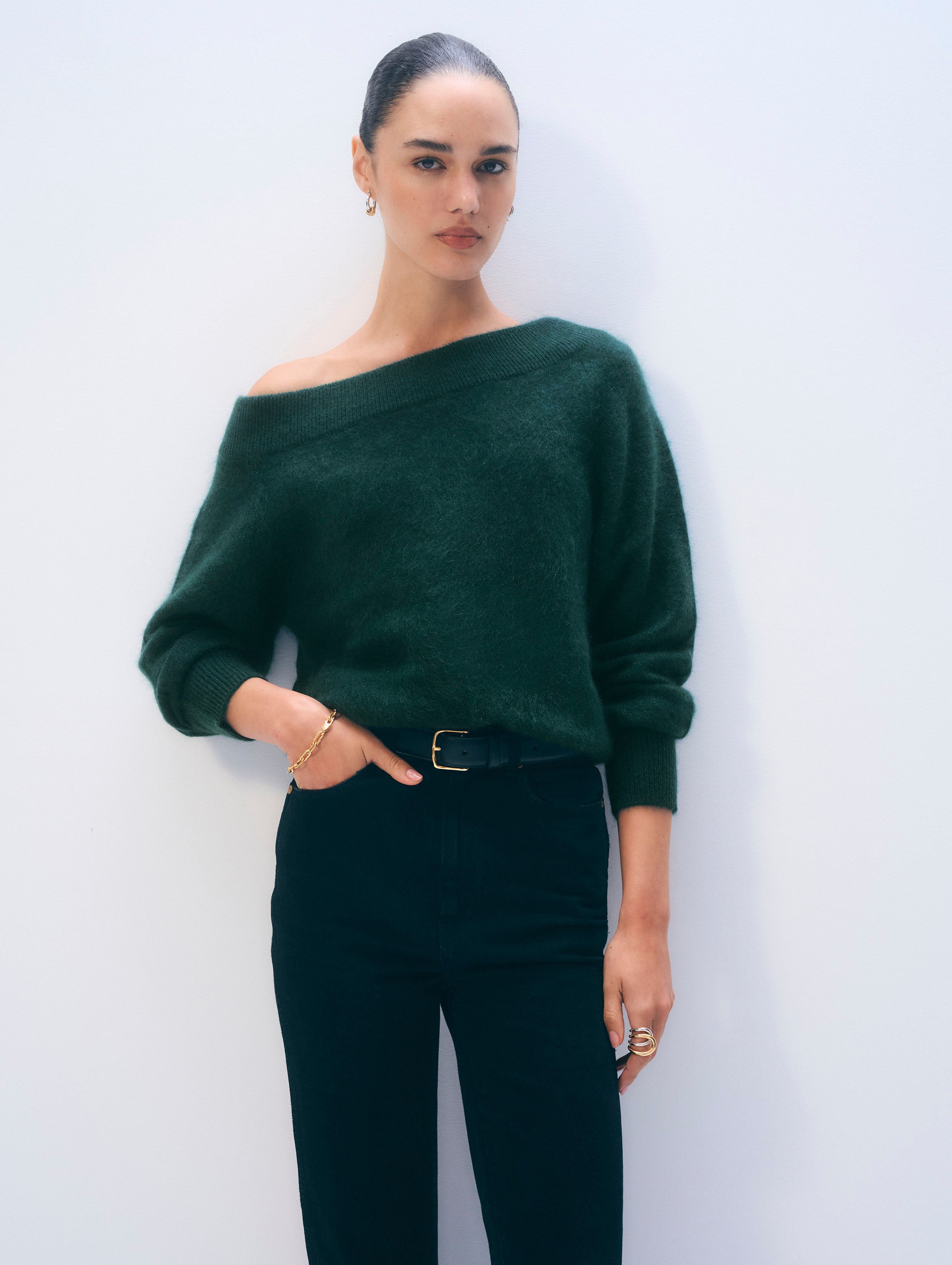 Brushed Cashmere Off Shoulder Crewneck | Tealwood Green