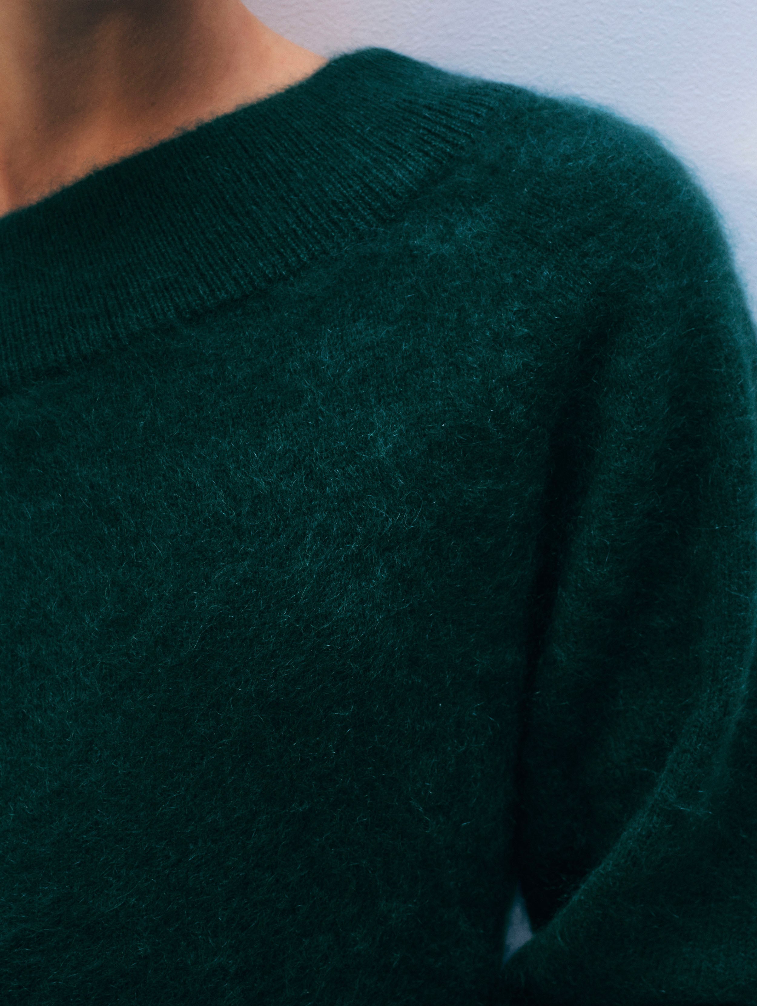 Brushed Cashmere Off Shoulder Crewneck | Tealwood Green