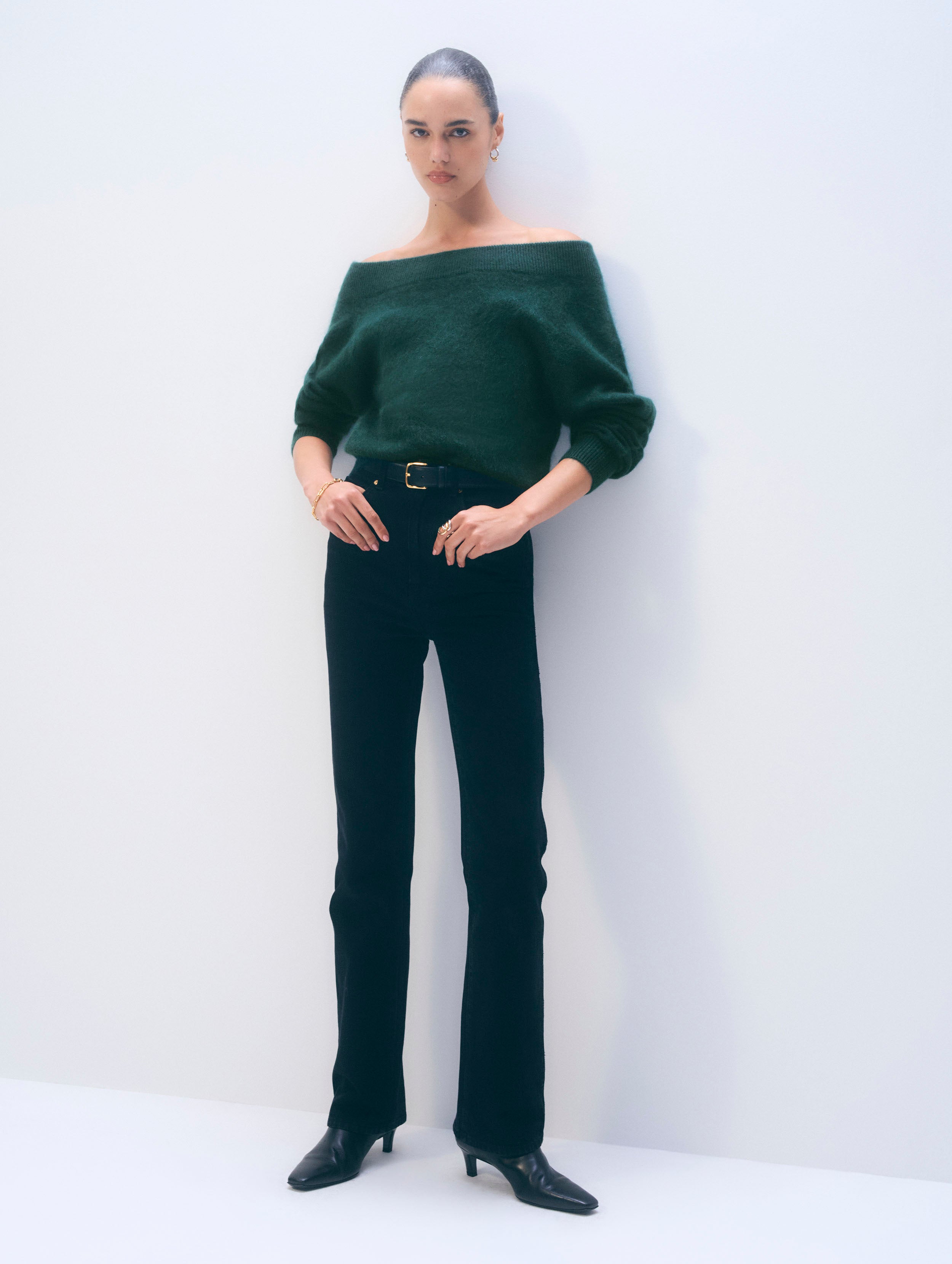 Brushed Cashmere Off Shoulder Crewneck | Tealwood Green