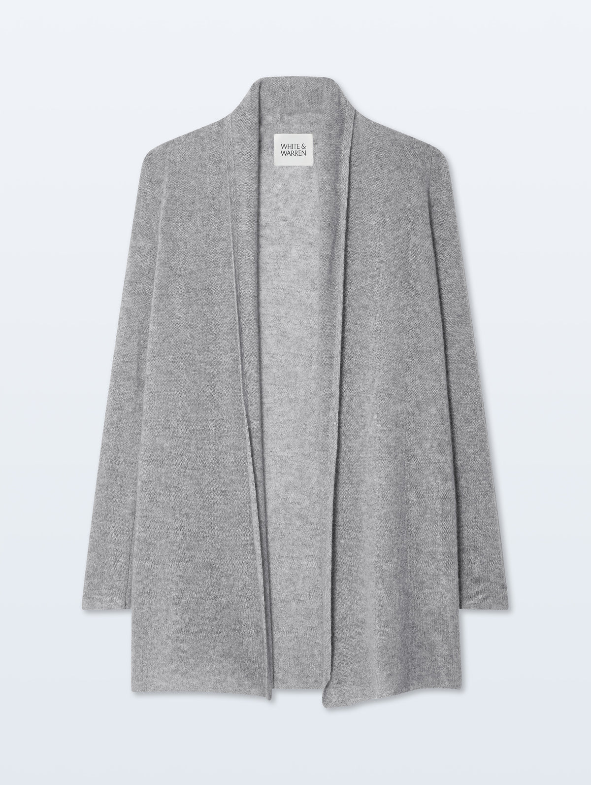 A light gray open-front cardigan sweater with long sleeves, displayed flat against a light gray background. 