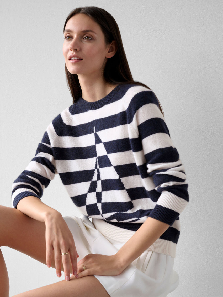 Cashmere Sailboat Stripe Crewneck