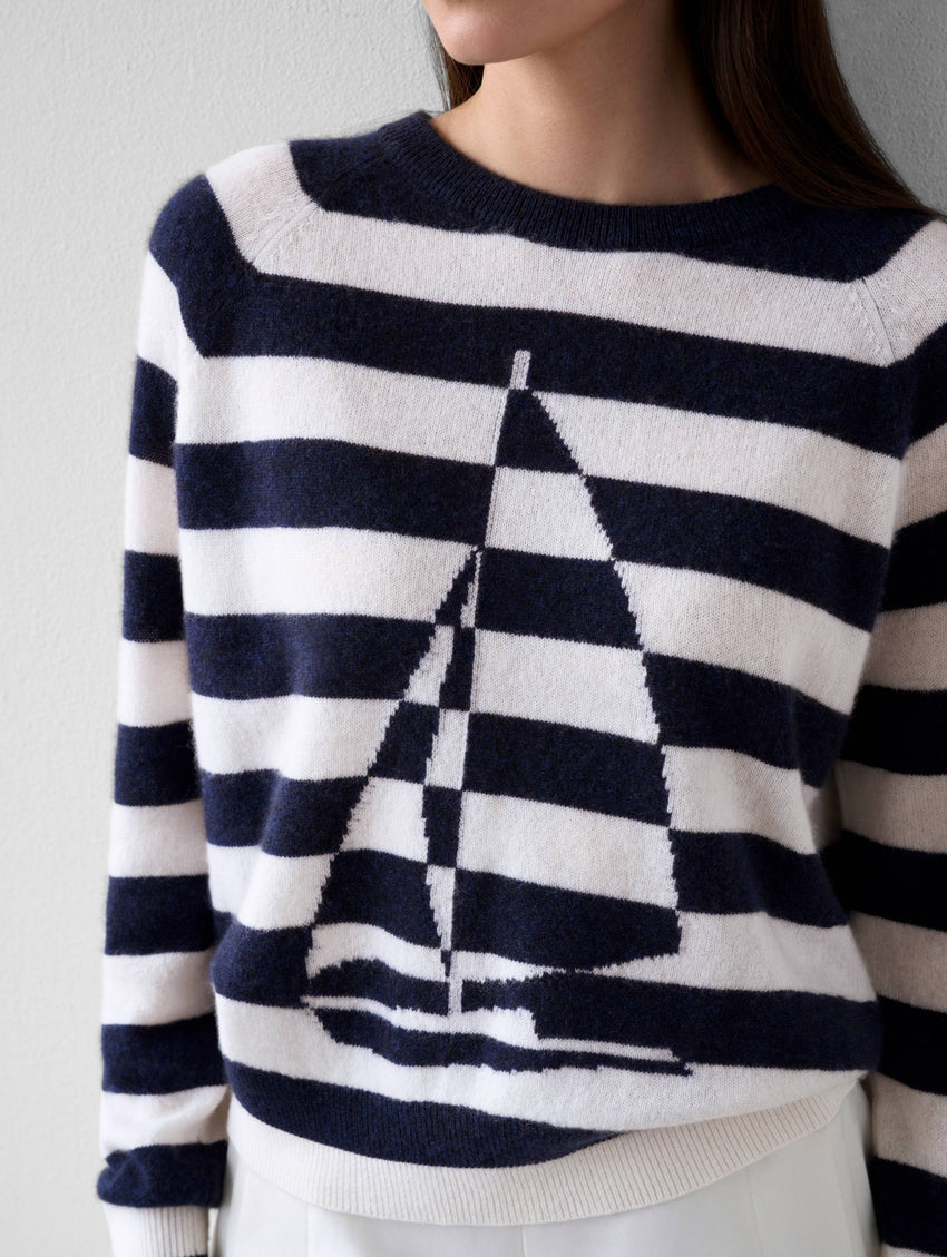 Cashmere Sailboat Stripe Crewneck